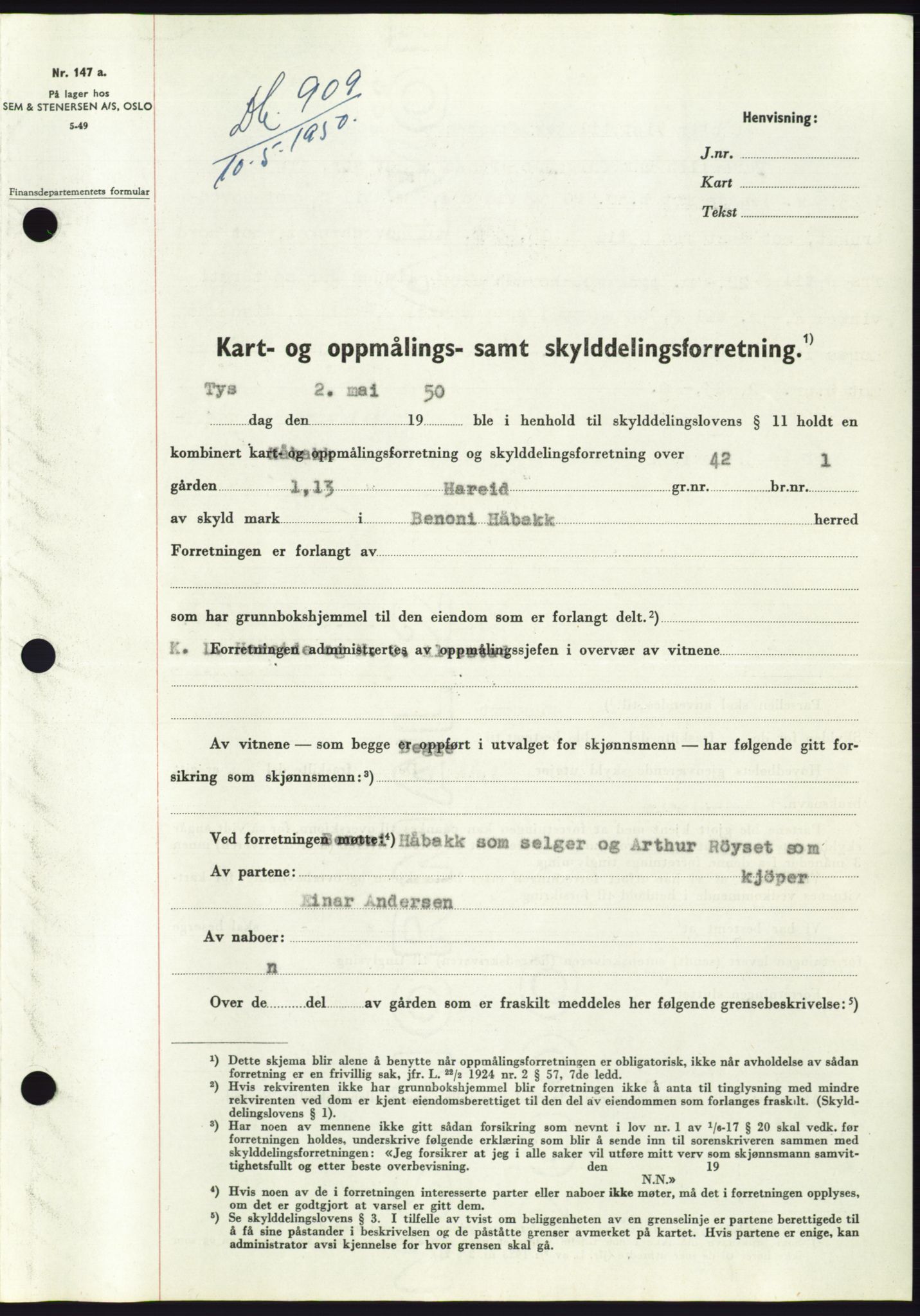 Søre Sunnmøre sorenskriveri, AV/SAT-A-4122/1/2/2C/L0086: Mortgage book no. 12A, 1949-1950, Diary no: : 909/1950