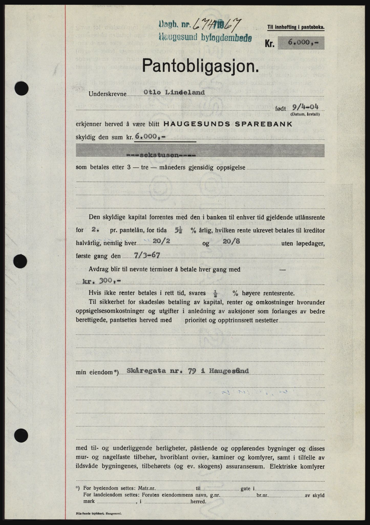Haugesund tingrett, SAST/A-101415/01/II/IIC/L0056: Mortgage book no. B 56, 1966-1967, Diary no: : 674/1967
