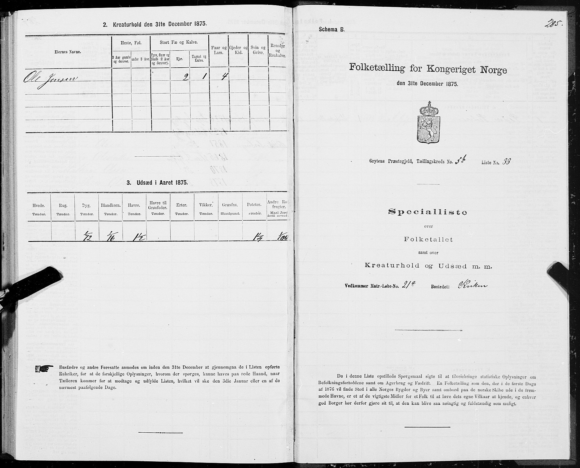 SAT, 1875 census for 1539P Grytten, 1875, p. 2285