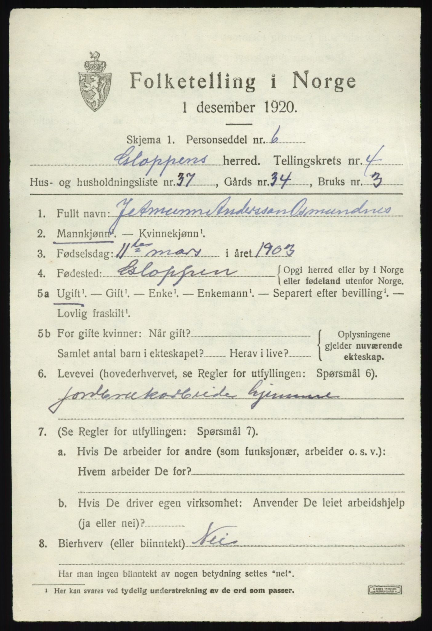 SAB, 1920 census for Gloppen, 1920, p. 3322