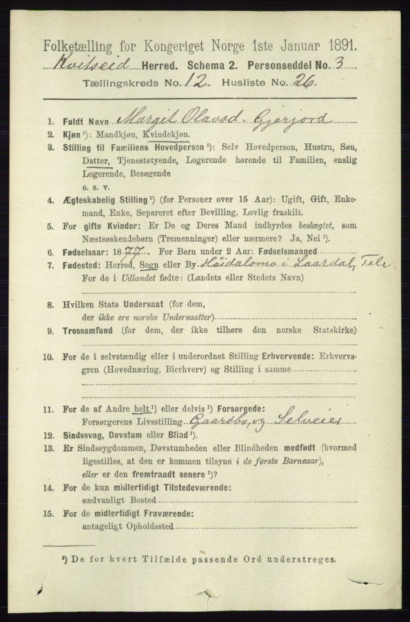 RA, 1891 census for 0829 Kviteseid, 1891, p. 3034