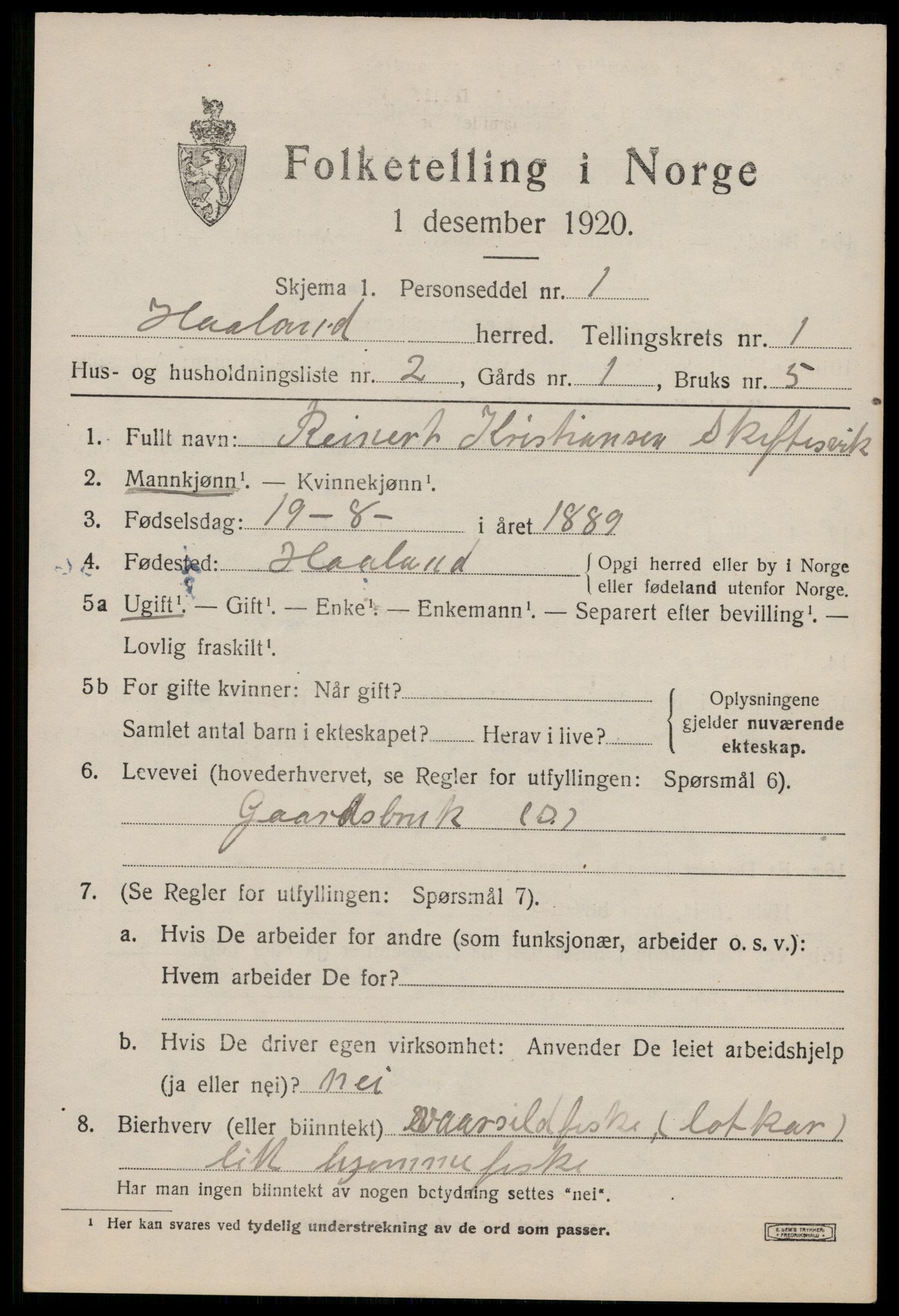 SAST, 1920 census for Håland, 1920, p. 1723