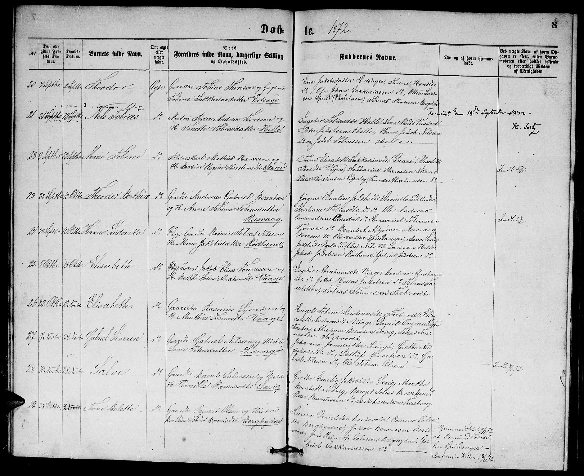 Herad sokneprestkontor, AV/SAK-1111-0018/F/Fb/Fbb/L0003: Parish register (copy) no. B 3, 1872-1889, p. 8