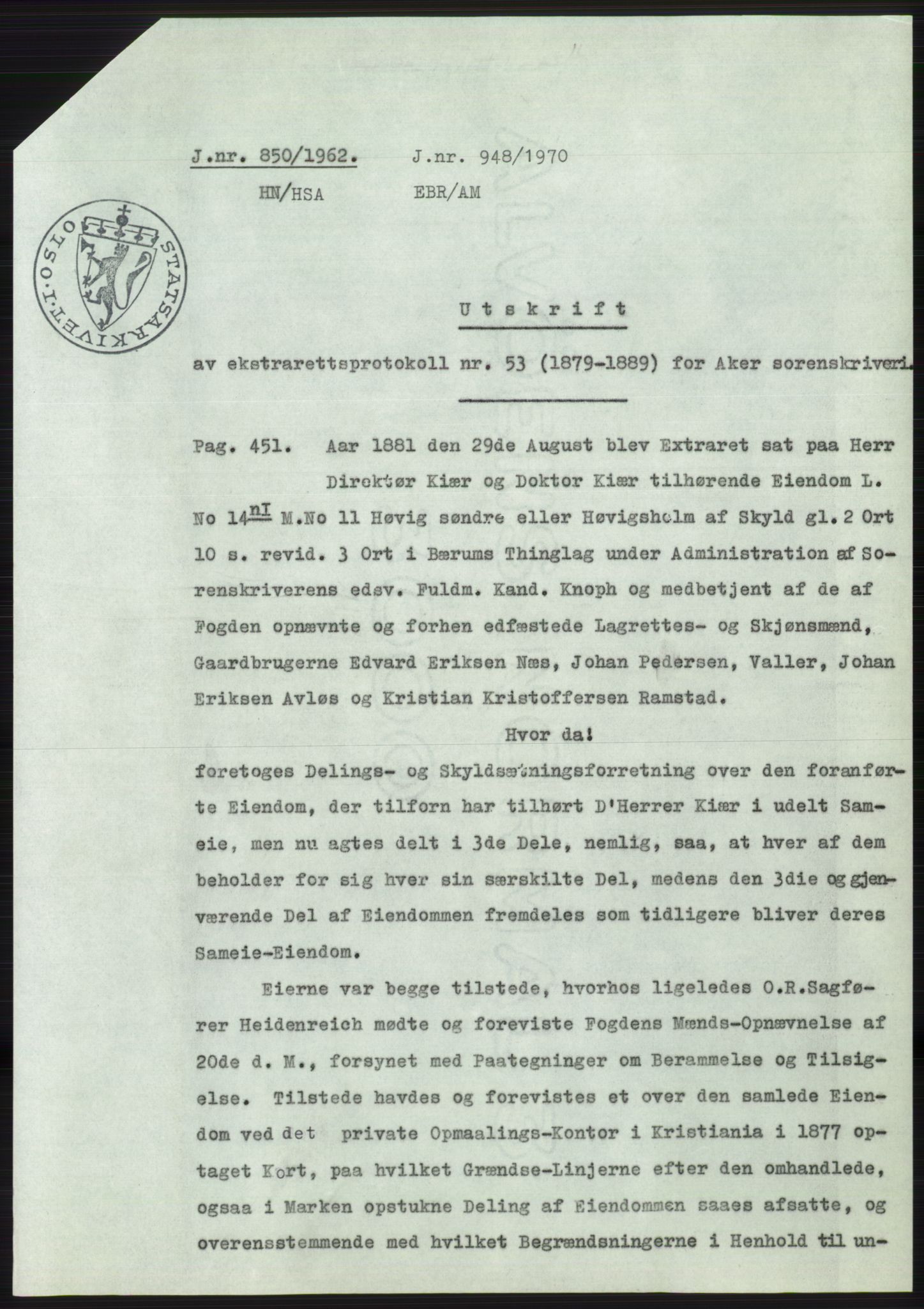 Statsarkivet i Oslo, AV/SAO-A-10621/Z/Zd/L0016: Avskrifter, j.nr 706-1878/1962, 1962, p. 93
