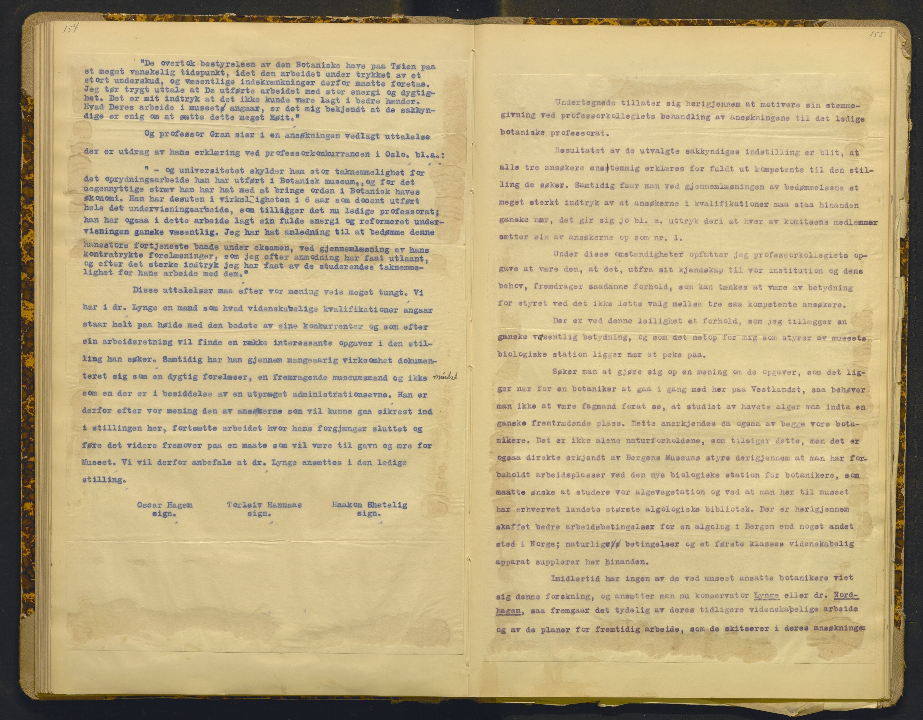Bergens Museum, AV/SAB-A-17301/18/A/L0001: Bestyrerkollegiets forhandlingsprotokoll med register , 1907-1927, p. 154-155