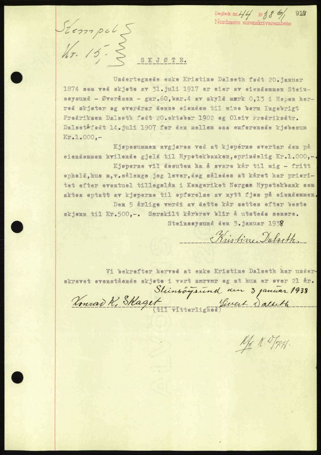 Nordmøre sorenskriveri, SAT/A-4132/1/2/2Ca: Mortgage book no. A82, 1937-1938, Diary no: : 44/1938