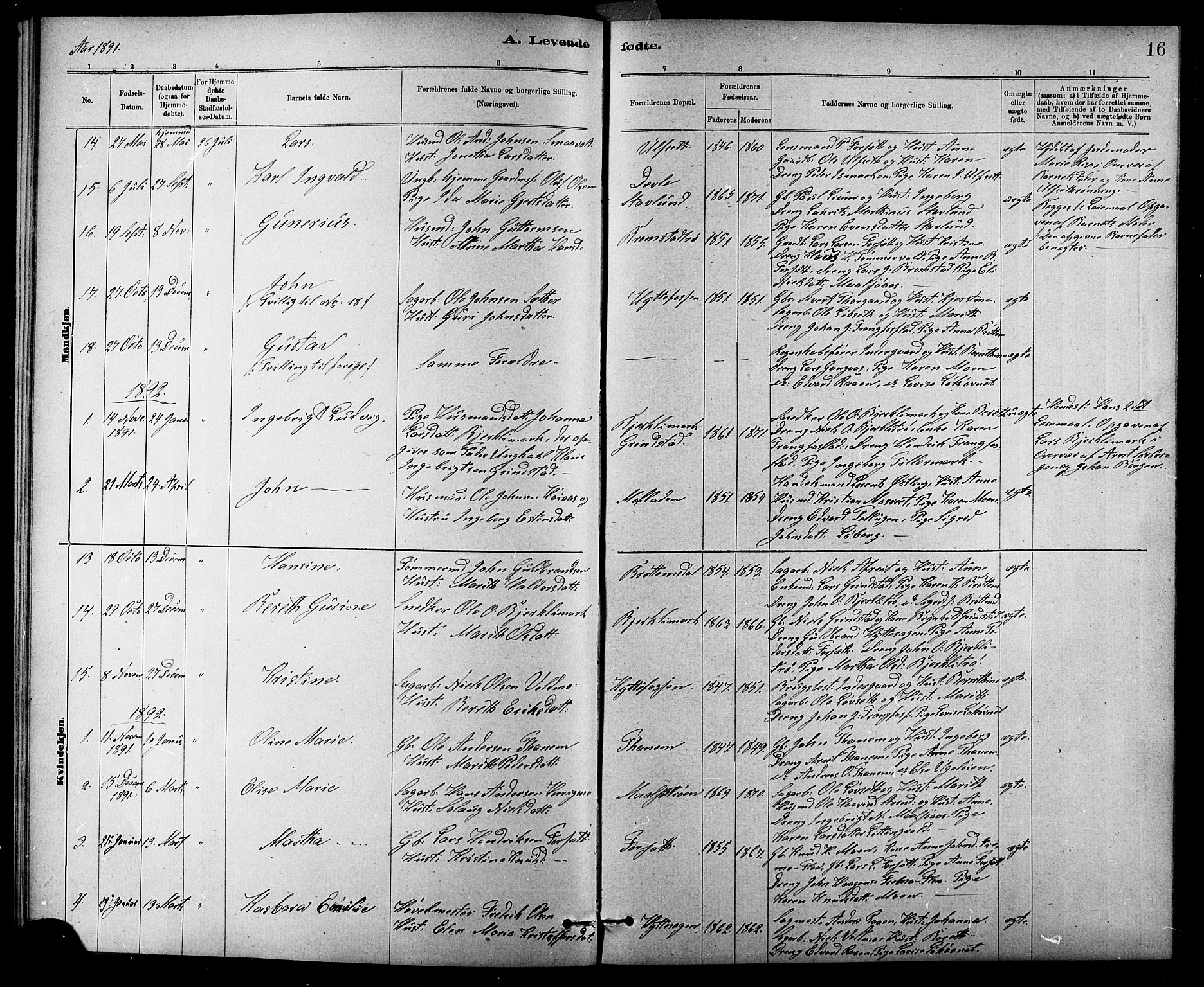 Ministerialprotokoller, klokkerbøker og fødselsregistre - Sør-Trøndelag, SAT/A-1456/618/L0452: Parish register (copy) no. 618C03, 1884-1906, p. 16