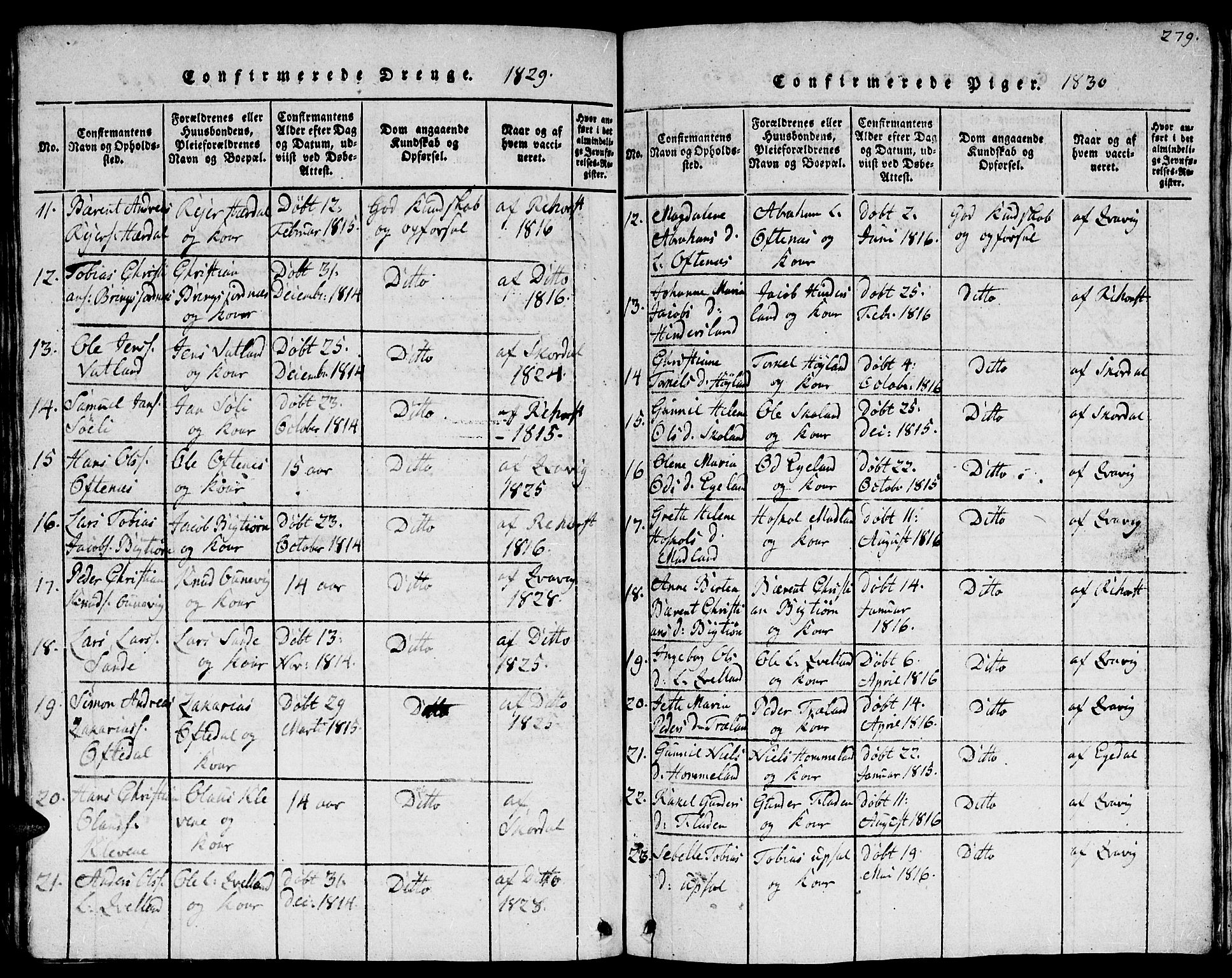 Lyngdal sokneprestkontor, AV/SAK-1111-0029/F/Fb/Fbc/L0001: Parish register (copy) no. B 1, 1815-1844, p. 279