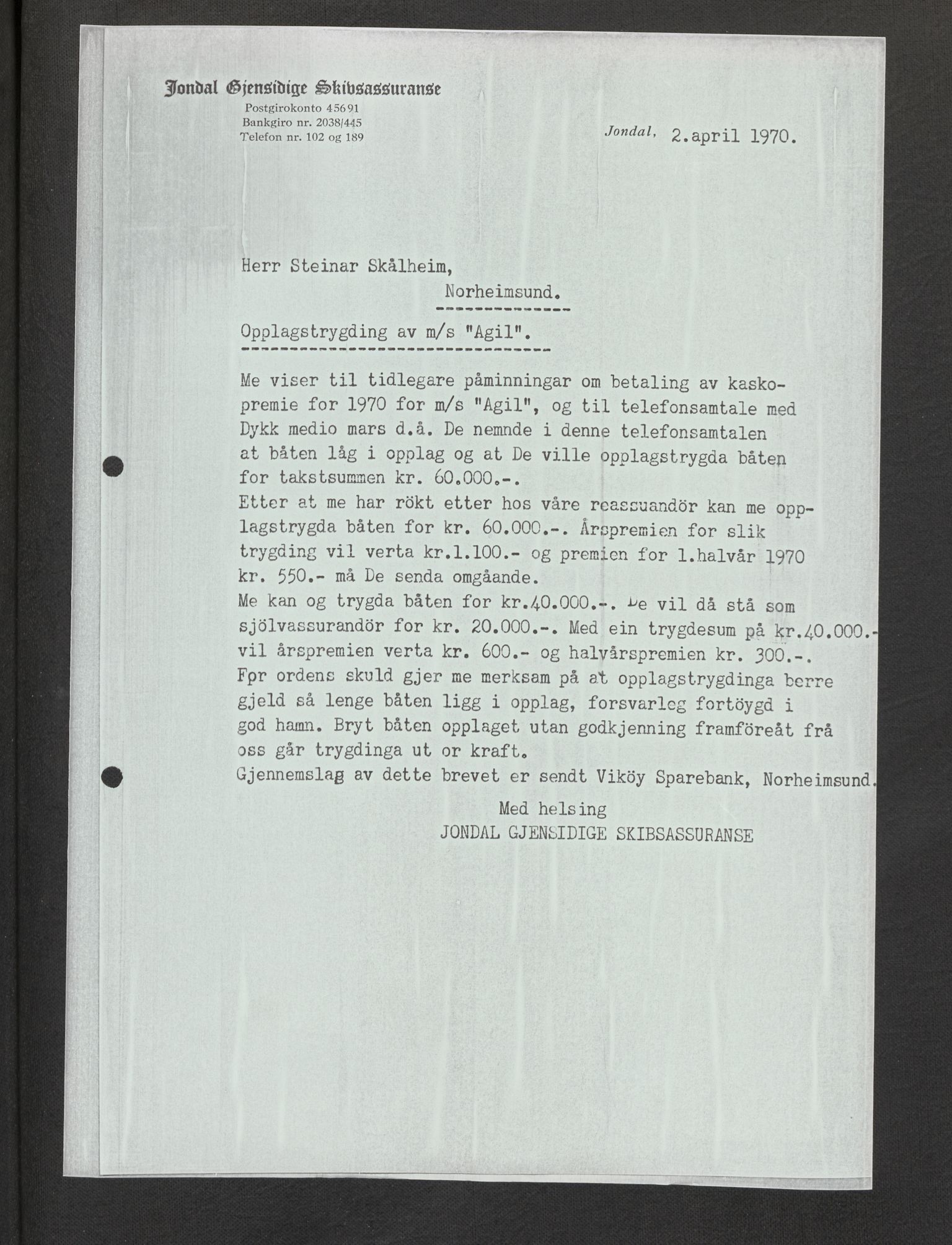 Jondal Skipsassuranseforening, AV/SAB-SAB/PA-0276/E/L0132: Korrespondanse , 1970-1977