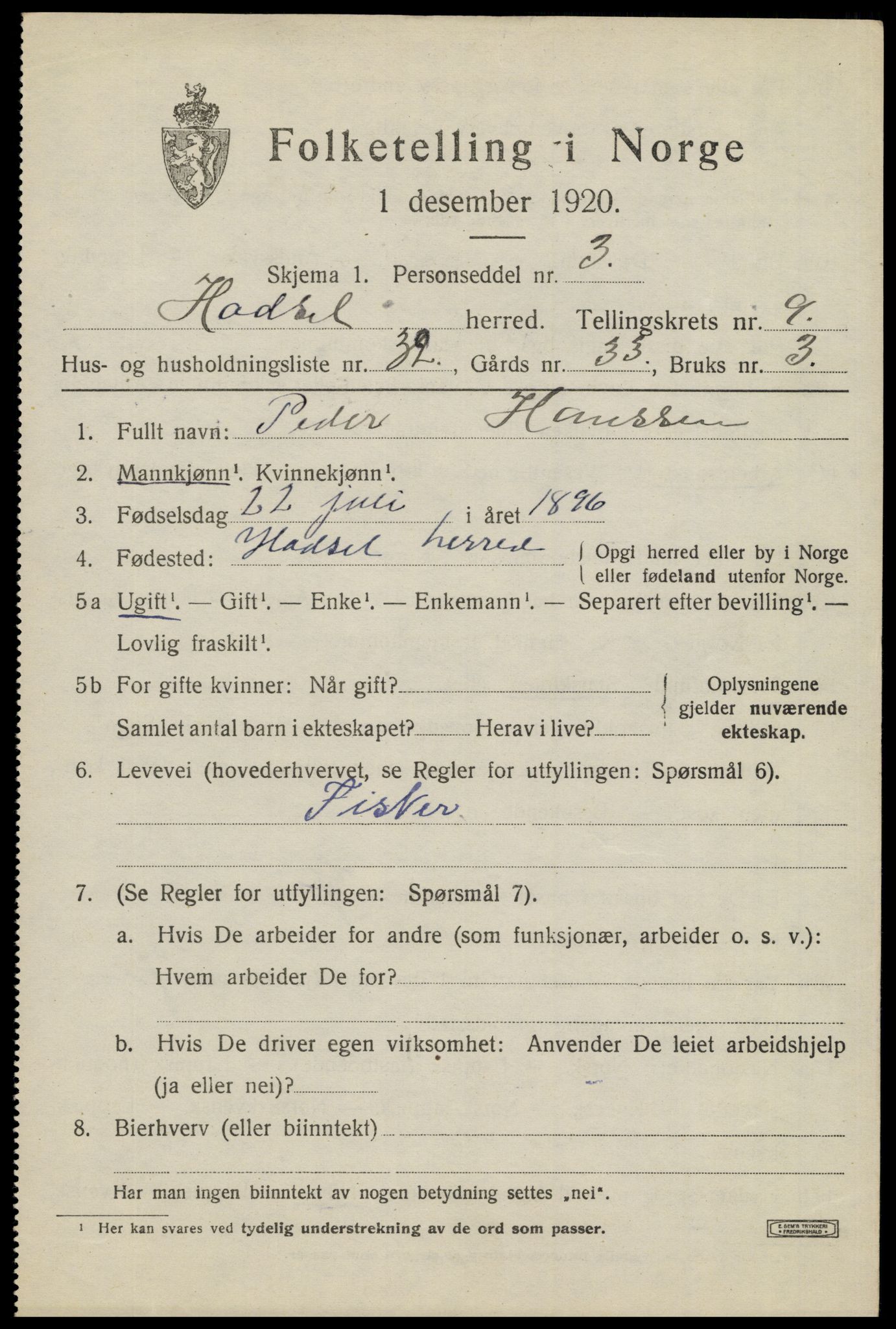 SAT, 1920 census for Hadsel, 1920, p. 8124