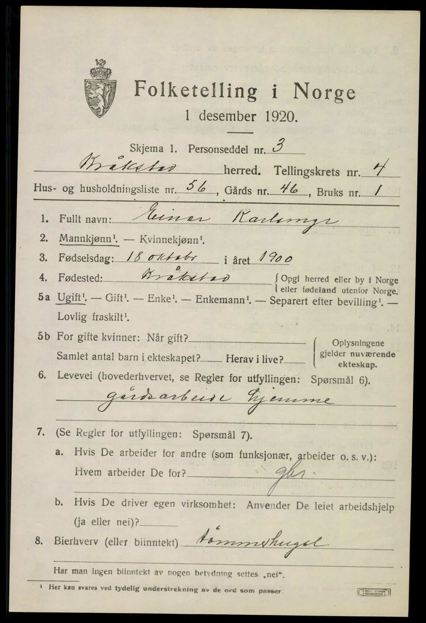 SAO, 1920 census for Kråkstad, 1920, p. 4795