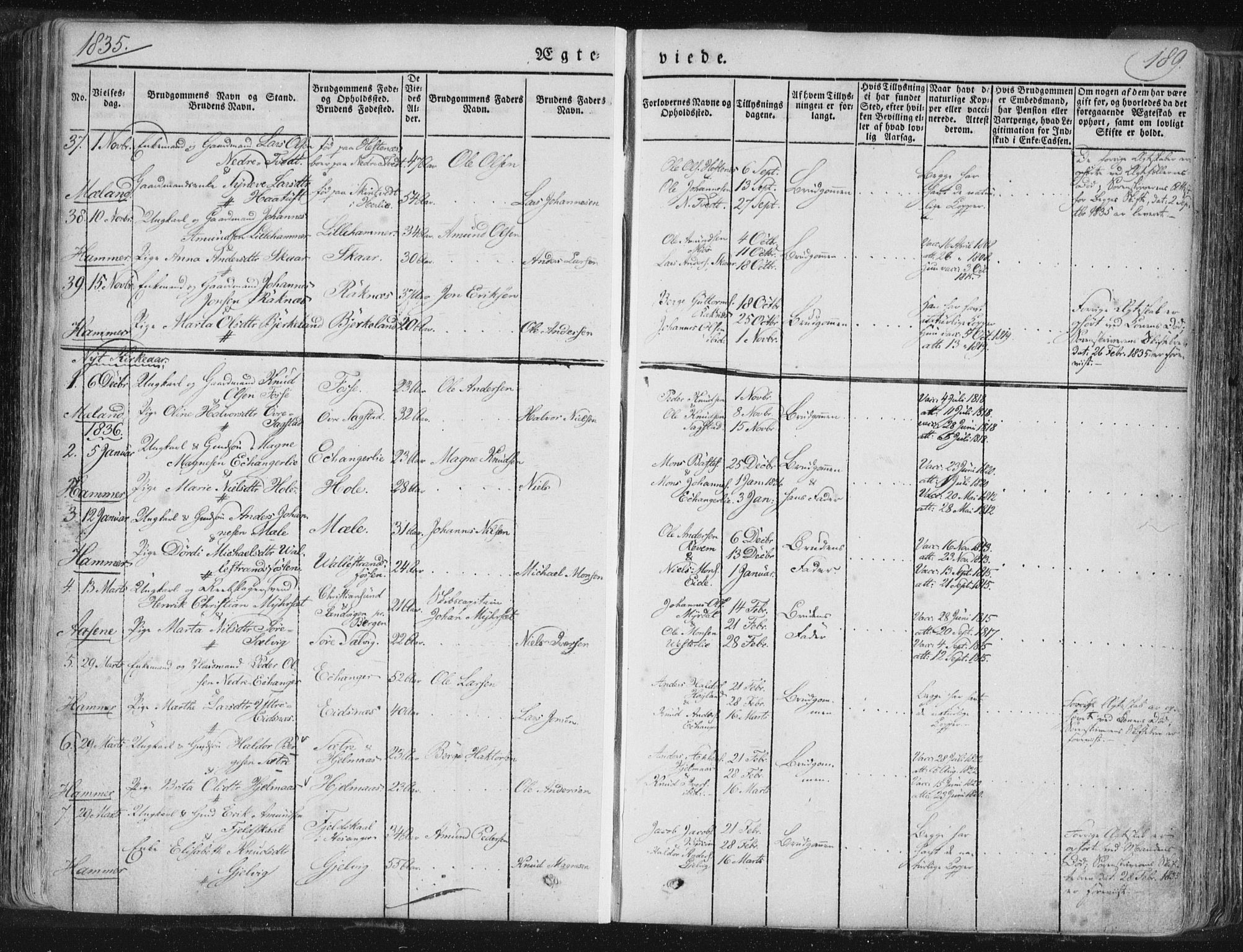 Hamre sokneprestembete, SAB/A-75501/H/Ha/Haa/Haaa/L0012: Parish register (official) no. A 12, 1834-1845, p. 189