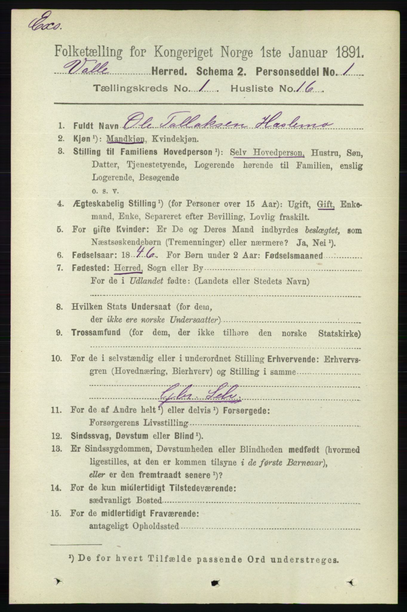 RA, Census 1891 for Nedenes amt: Gjenparter av personsedler for beslektede ektefeller, menn, 1891, p. 1052