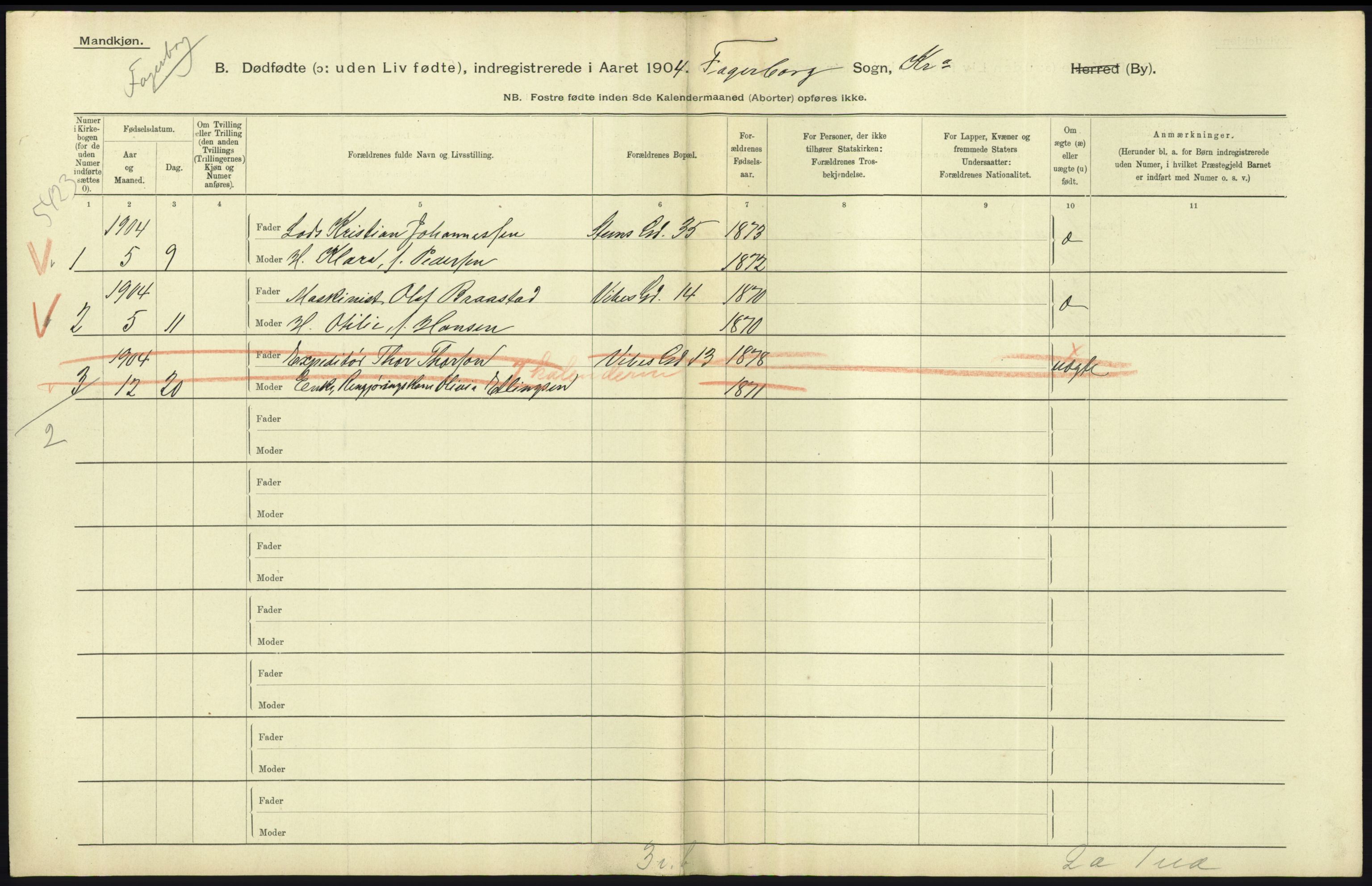 Statistisk sentralbyrå, Sosiodemografiske emner, Befolkning, RA/S-2228/D/Df/Dfa/Dfab/L0027: Smålenes amt - Finnmarkens amt: Dødfødte. Byer, 1904, p. 45