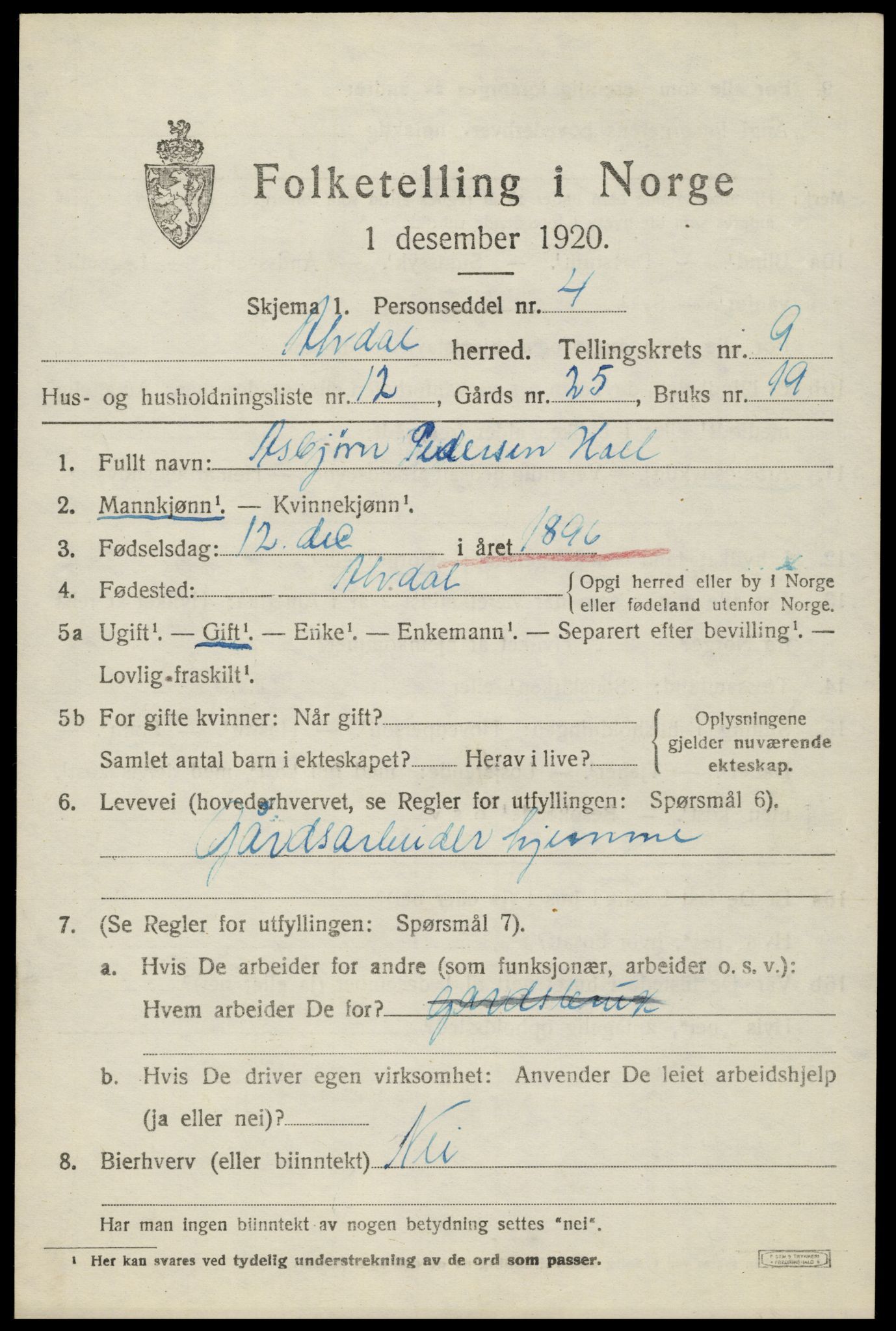 SAH, 1920 census for Alvdal, 1920, p. 5086