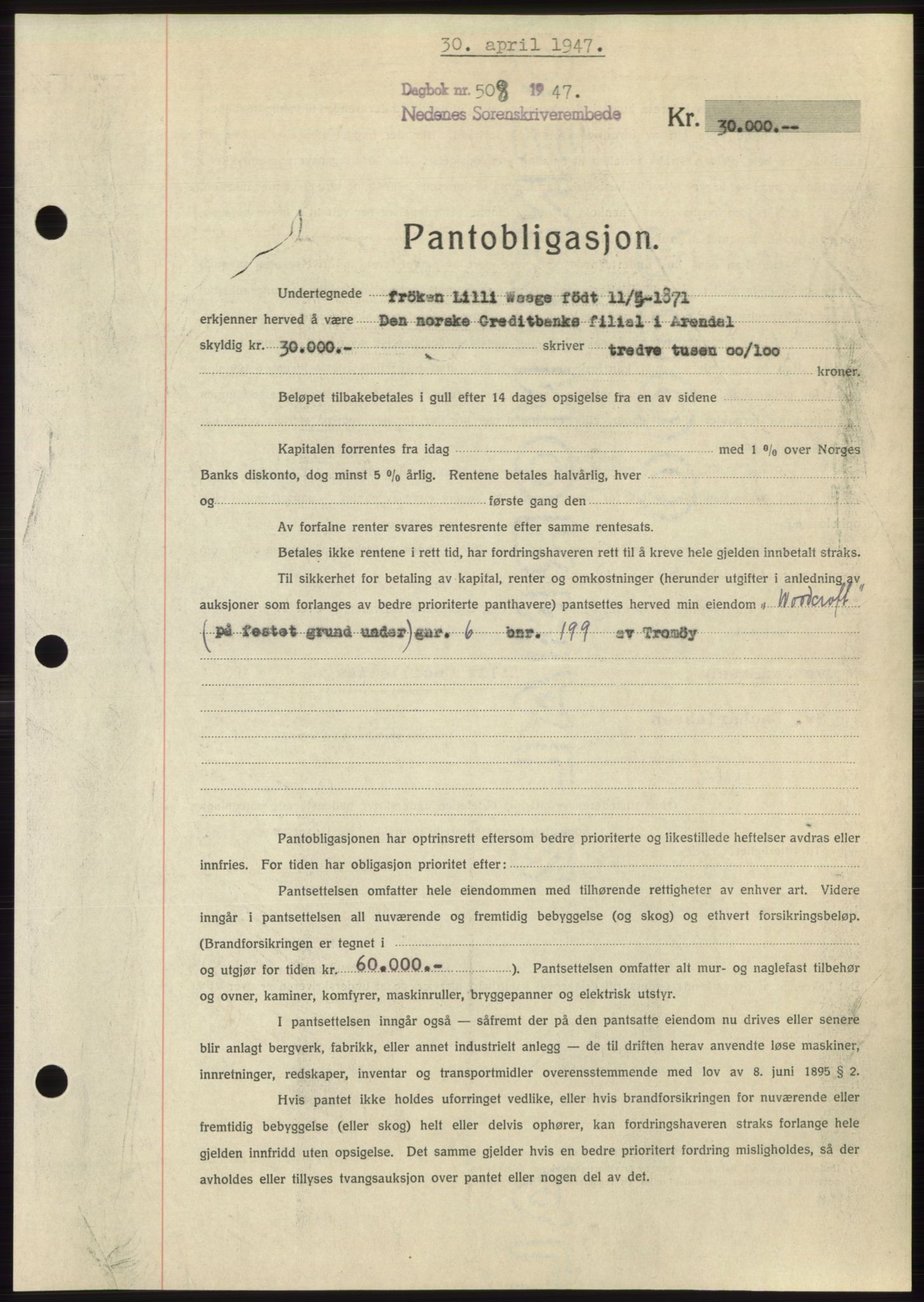 Nedenes sorenskriveri, AV/SAK-1221-0006/G/Gb/Gbb/L0004: Mortgage book no. B4, 1947-1947, Diary no: : 508/1947