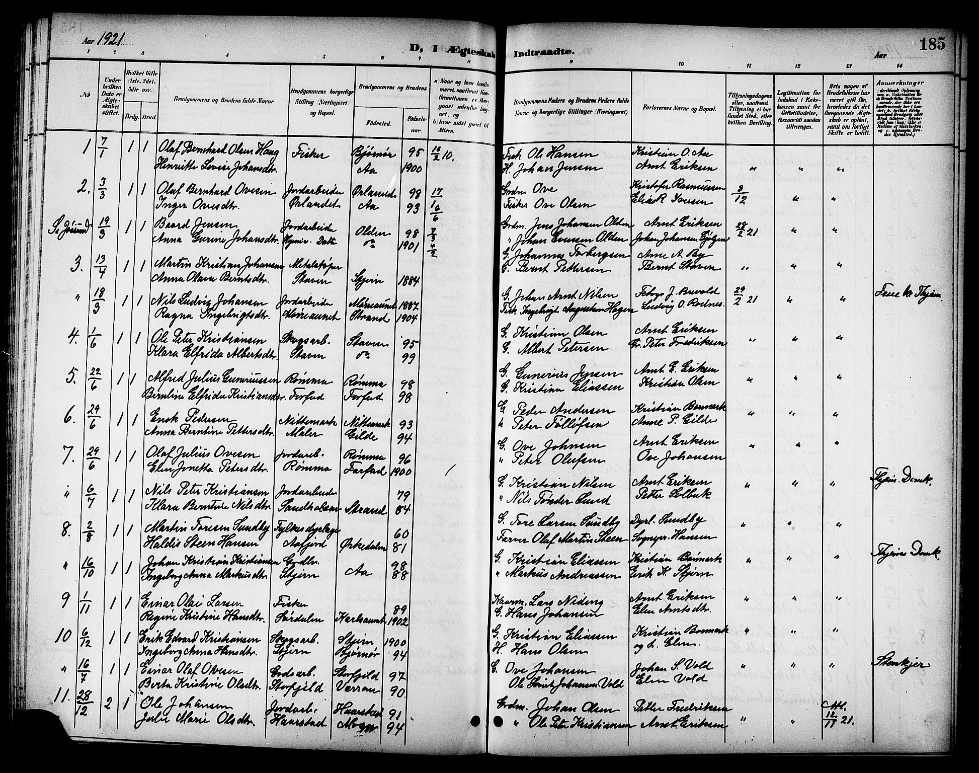 Ministerialprotokoller, klokkerbøker og fødselsregistre - Sør-Trøndelag, SAT/A-1456/655/L0688: Parish register (copy) no. 655C04, 1899-1922, p. 185