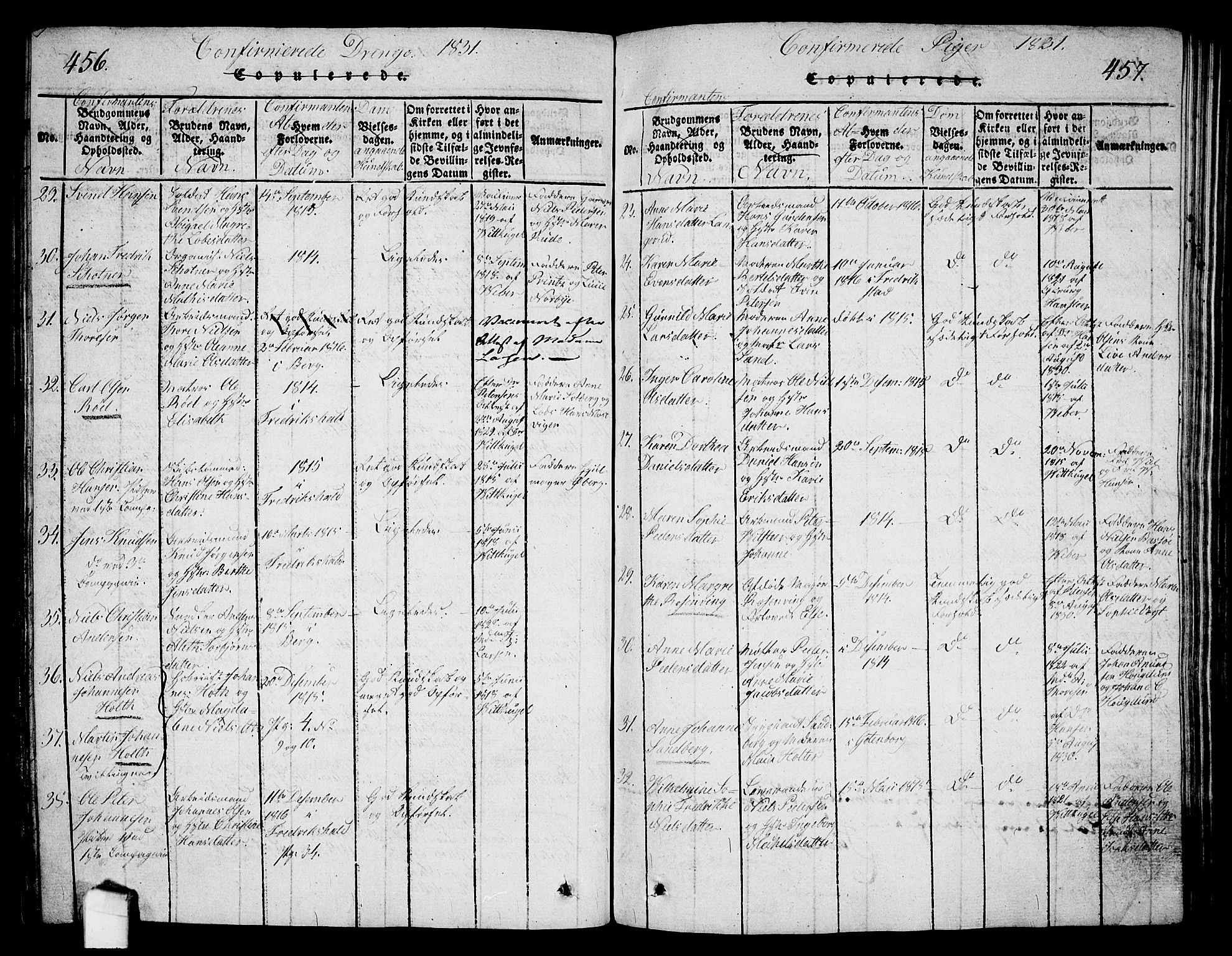 Halden prestekontor Kirkebøker, AV/SAO-A-10909/G/Ga/L0001: Parish register (copy) no. 1, 1815-1833, p. 456-457