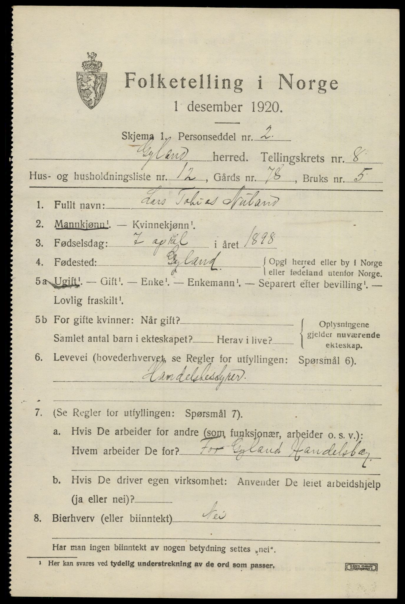SAK, 1920 census for Gyland, 1920, p. 1798