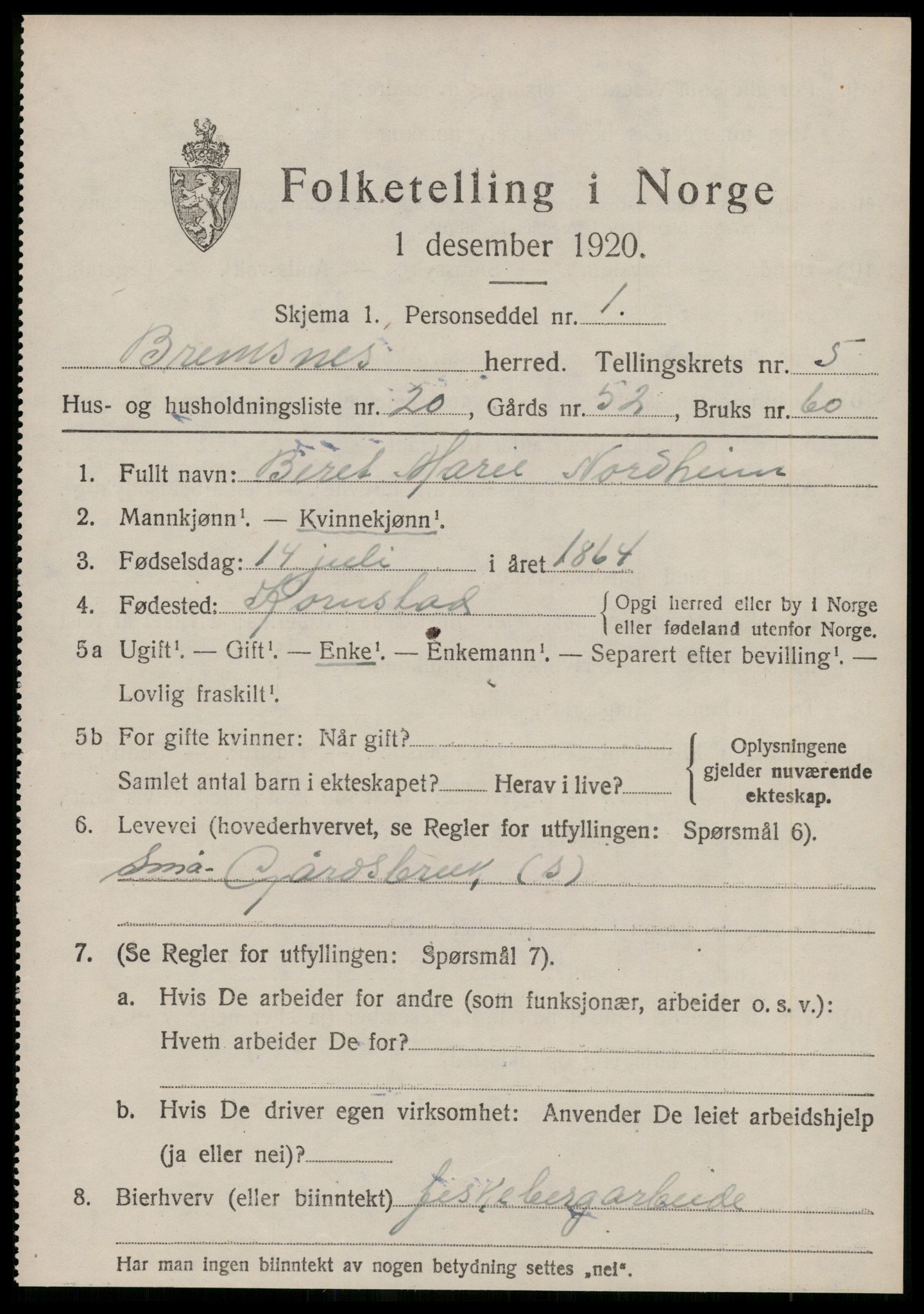 SAT, 1920 census for Bremsnes, 1920, p. 4591