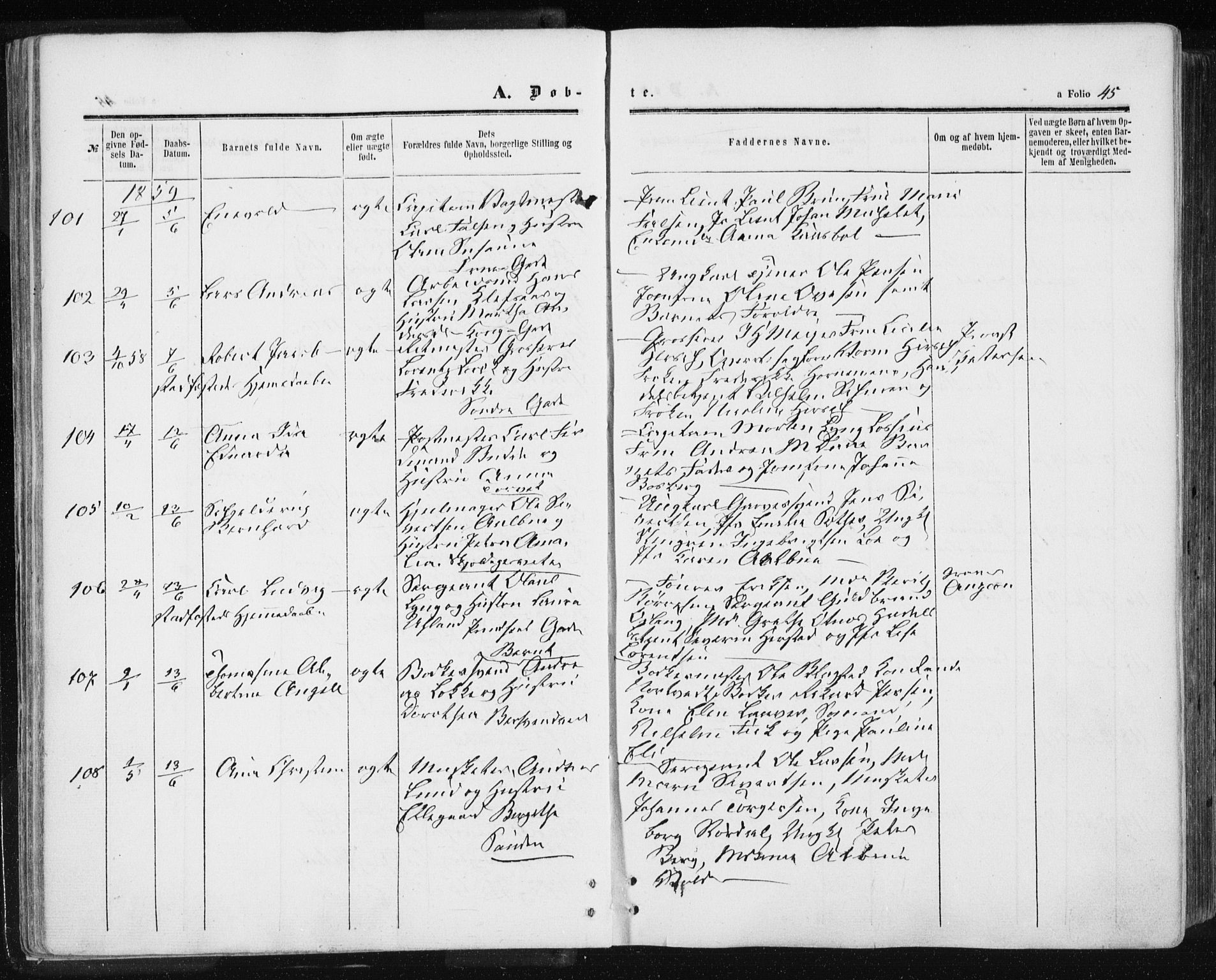 Ministerialprotokoller, klokkerbøker og fødselsregistre - Sør-Trøndelag, SAT/A-1456/601/L0053: Parish register (official) no. 601A21, 1857-1865, p. 45