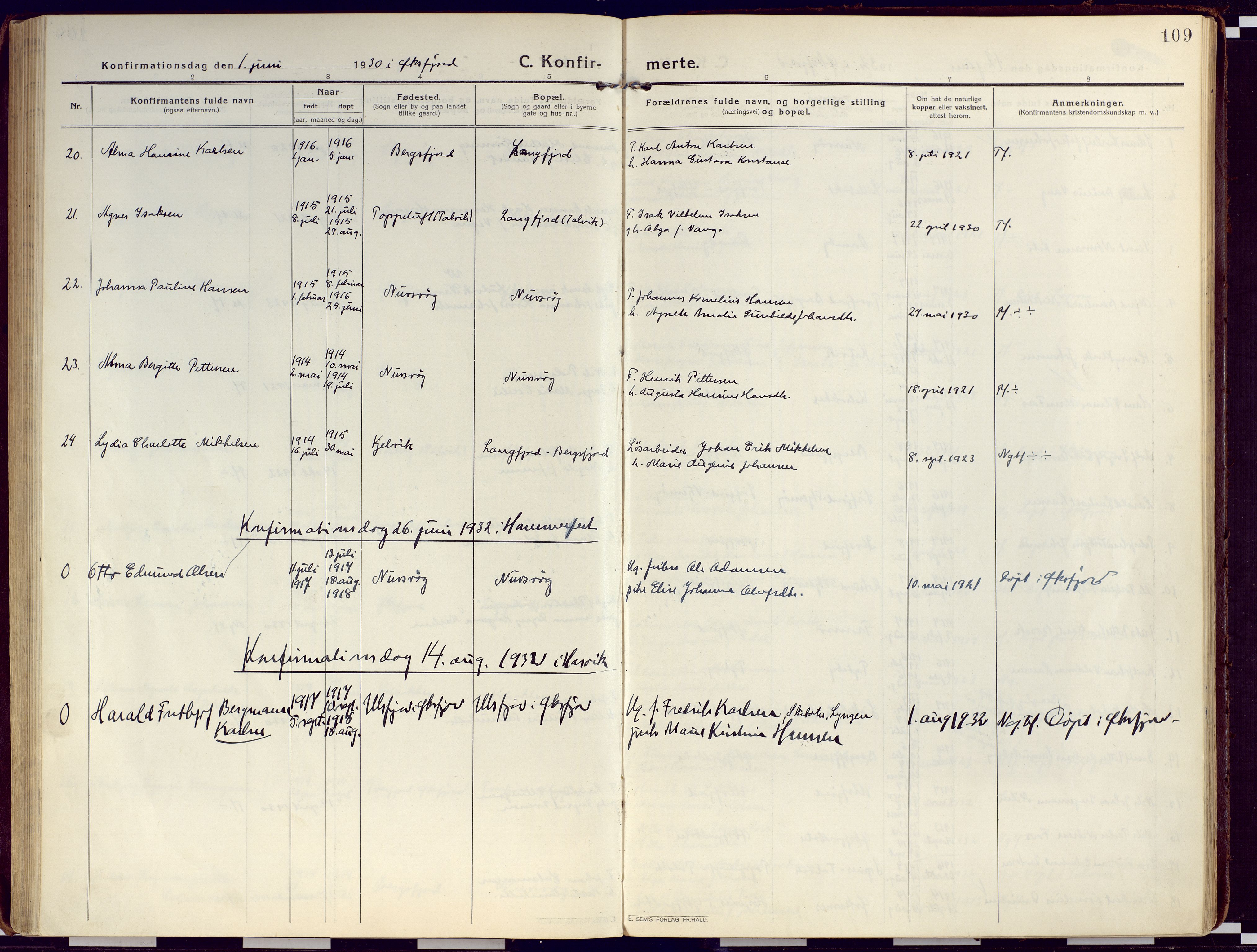 Loppa sokneprestkontor, SATØ/S-1339/H/Ha/L0012kirke: Parish register (official) no. 12, 1917-1932, p. 109