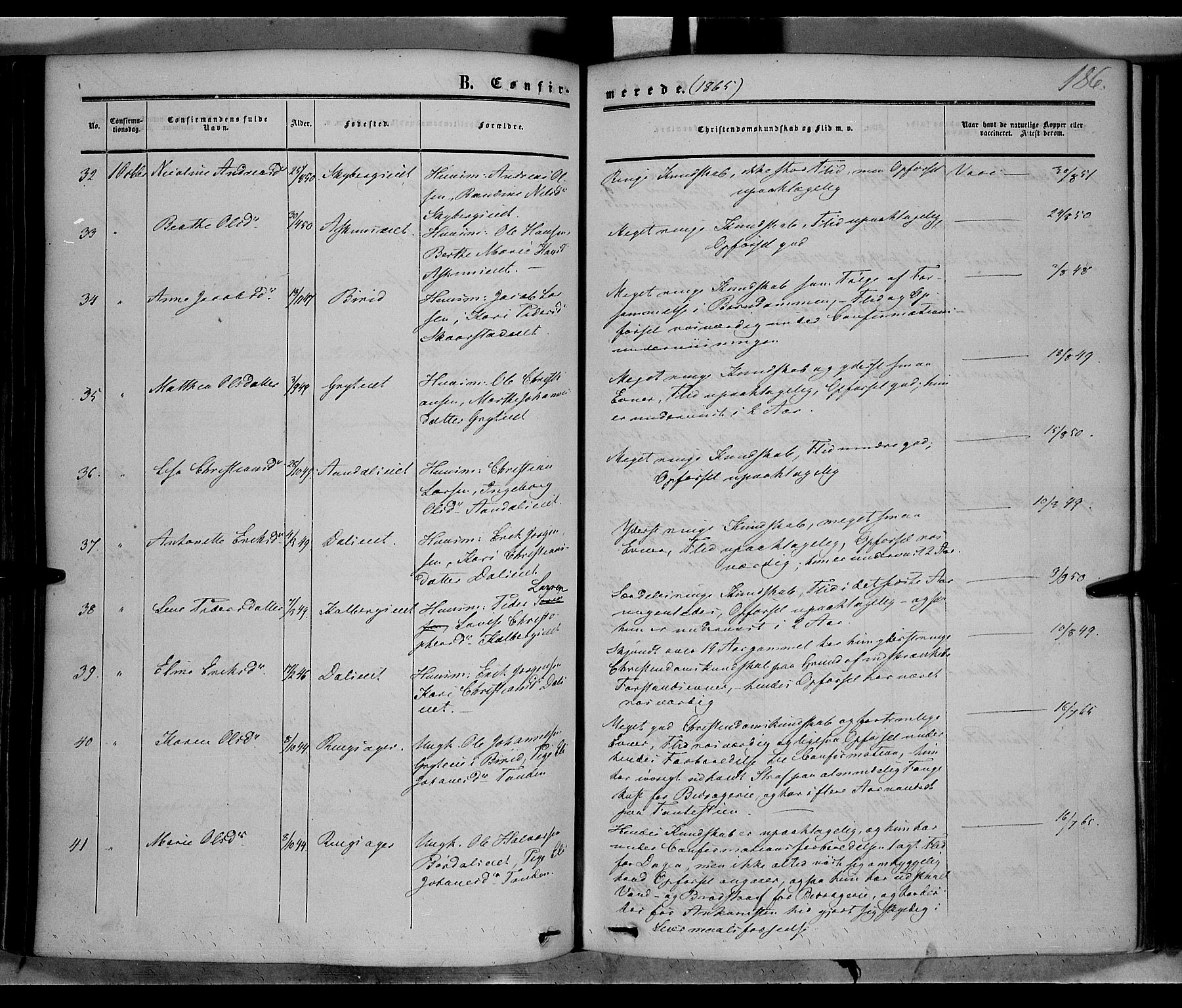 Vardal prestekontor, AV/SAH-PREST-100/H/Ha/Haa/L0006: Parish register (official) no. 6, 1854-1866, p. 186