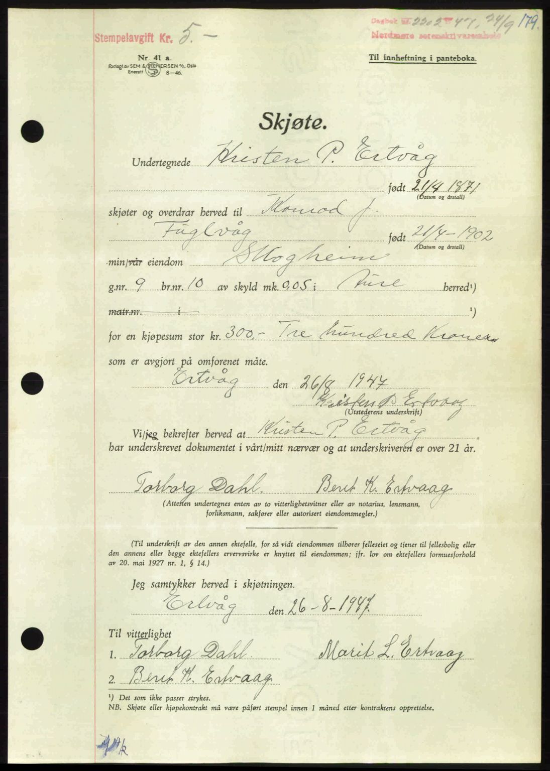 Nordmøre sorenskriveri, AV/SAT-A-4132/1/2/2Ca: Mortgage book no. A106, 1947-1947, Diary no: : 2202/1947