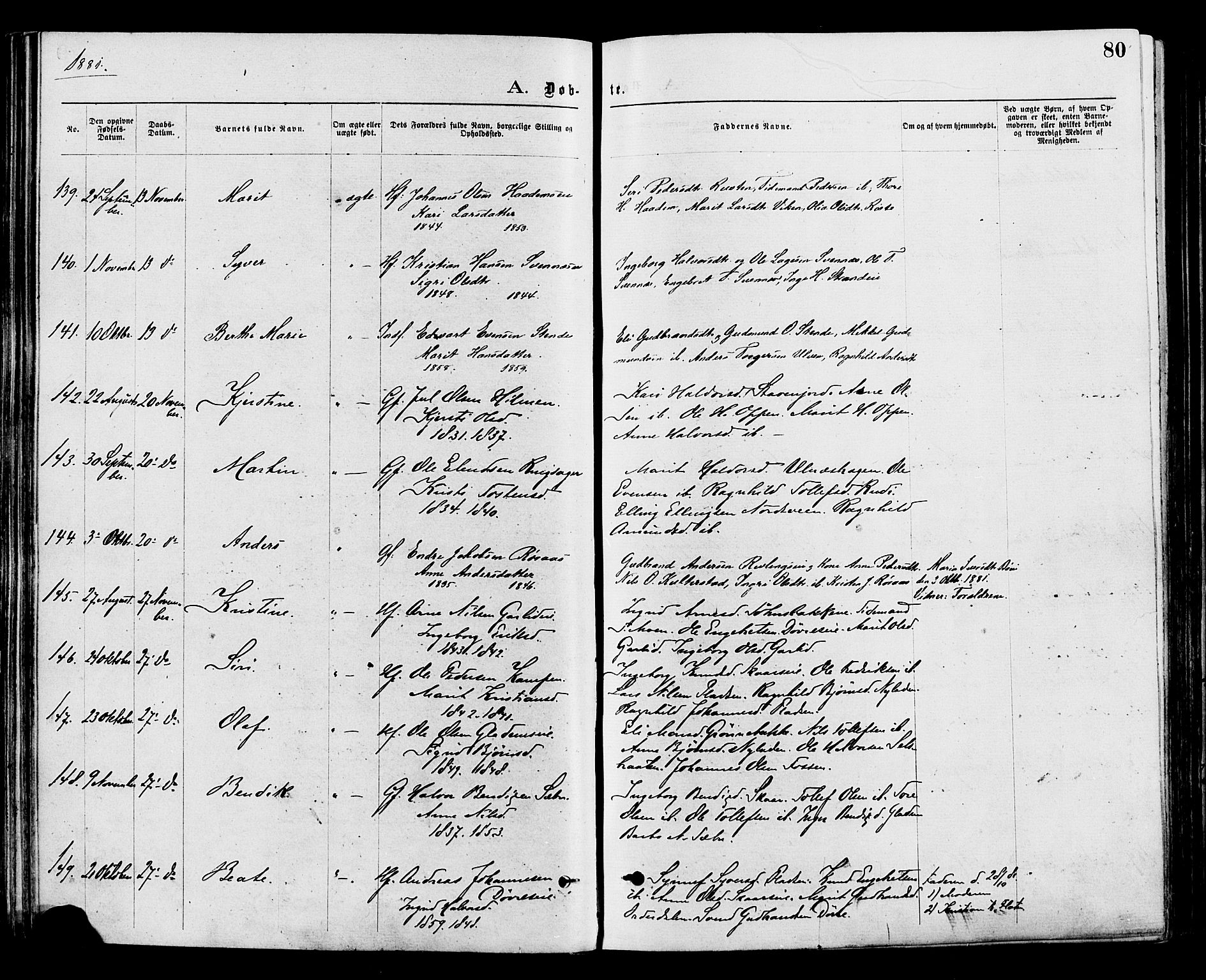 Nord-Aurdal prestekontor, SAH/PREST-132/H/Ha/Haa/L0009: Parish register (official) no. 9, 1876-1882, p. 80
