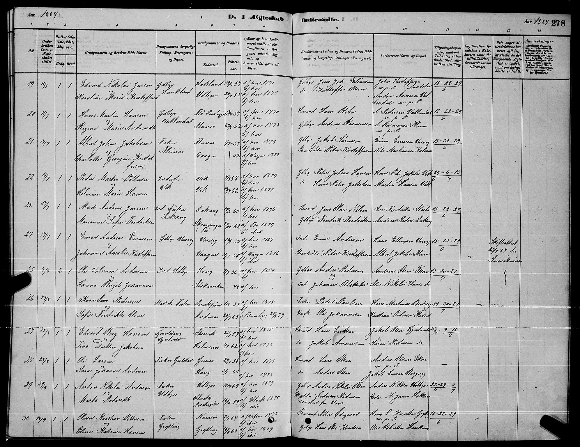 Ministerialprotokoller, klokkerbøker og fødselsregistre - Nordland, AV/SAT-A-1459/888/L1267: Parish register (copy) no. 888C05, 1878-1890, p. 278