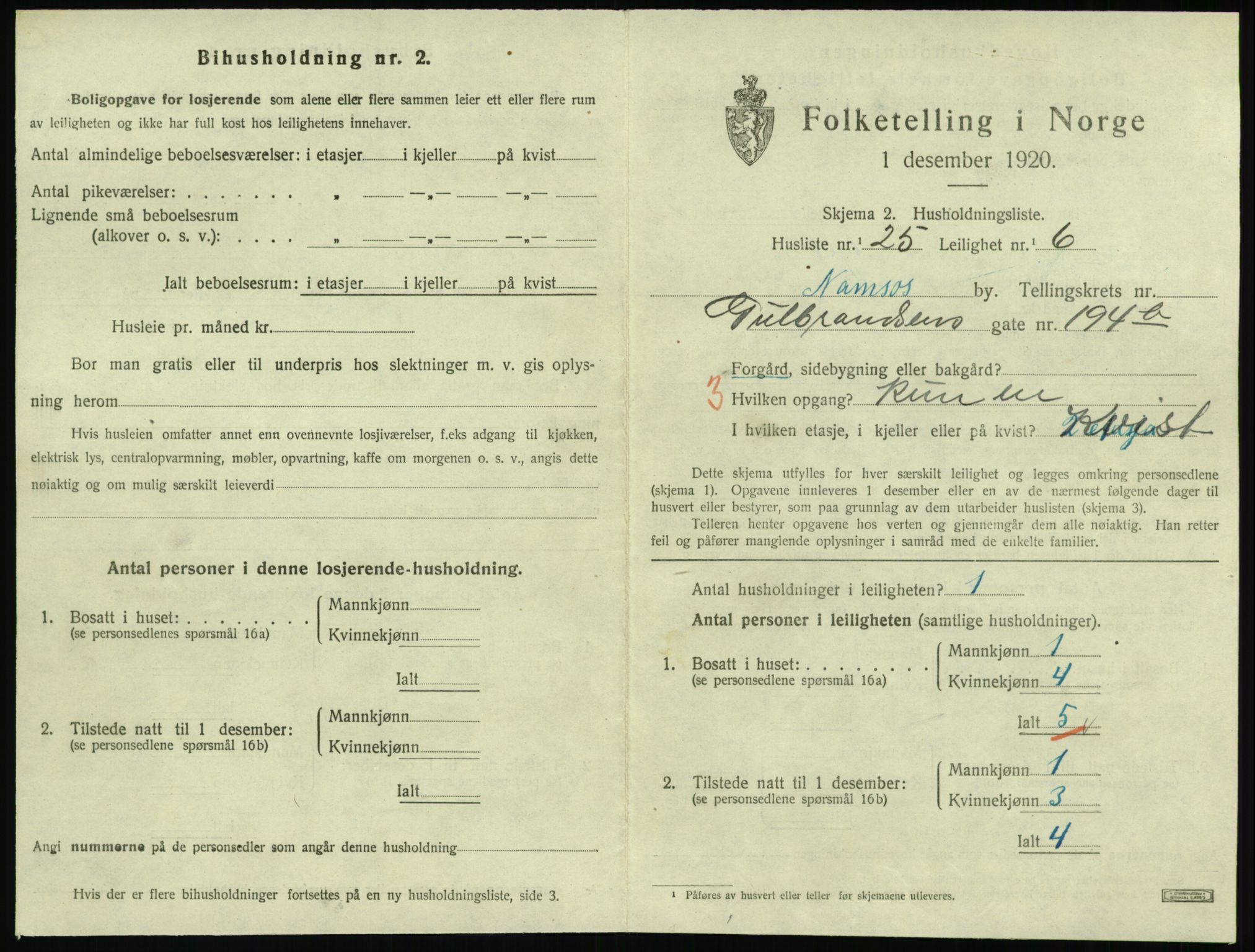 SAT, 1920 census for Namsos, 1920, p. 1495