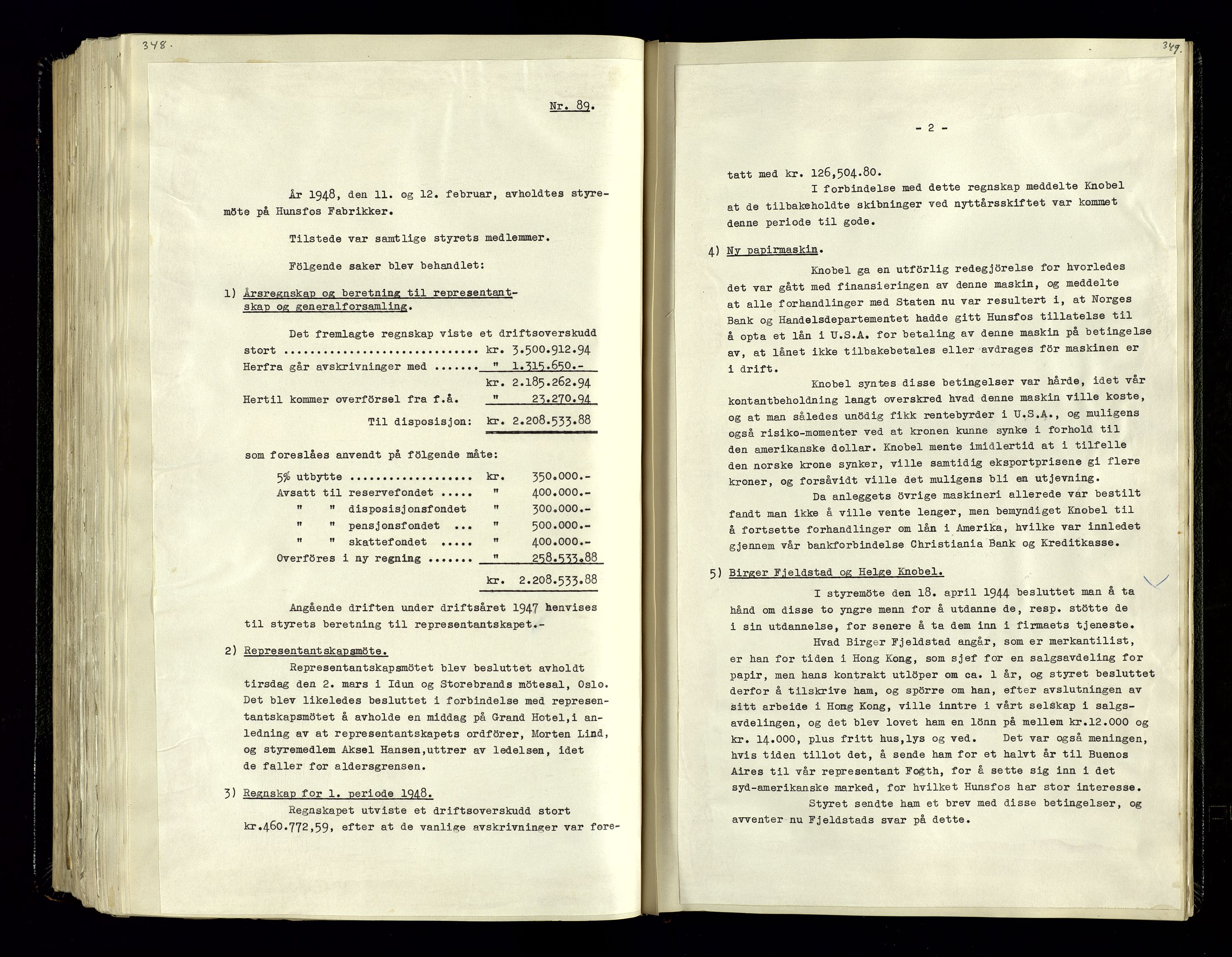 Hunsfos fabrikker, SAK/D/1440/02/L0006: Referatprotokoll fra styremøter, 1938-1950, p. 348-349