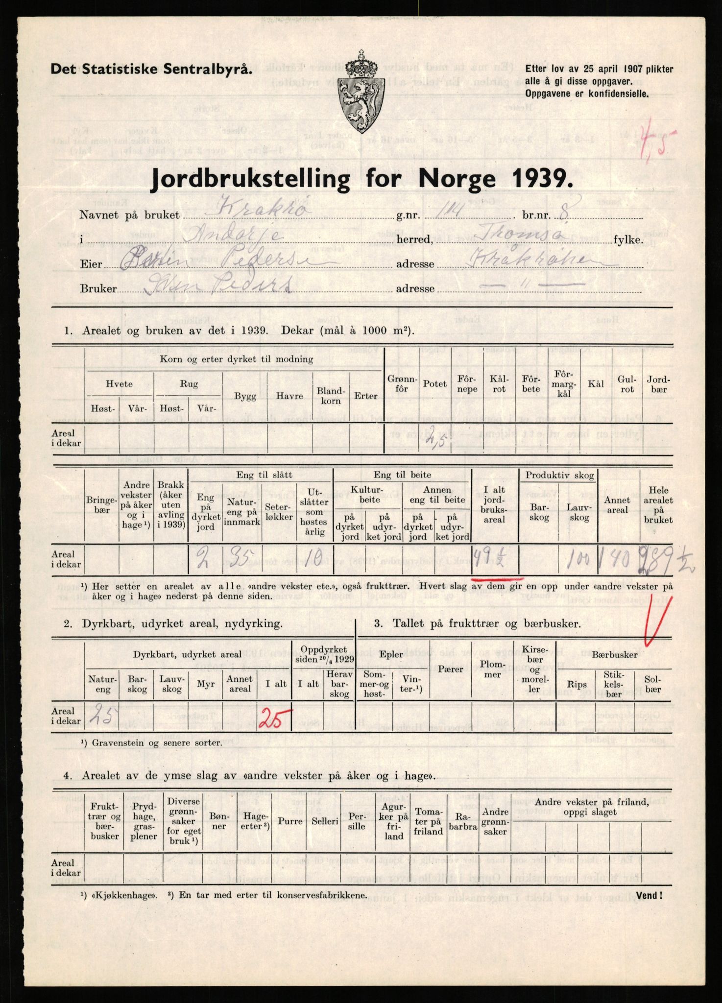 Statistisk sentralbyrå, Næringsøkonomiske emner, Jordbruk, skogbruk, jakt, fiske og fangst, AV/RA-S-2234/G/Gb/L0339: Troms: Andørja, Astafjord og Lavangen, 1939, p. 774