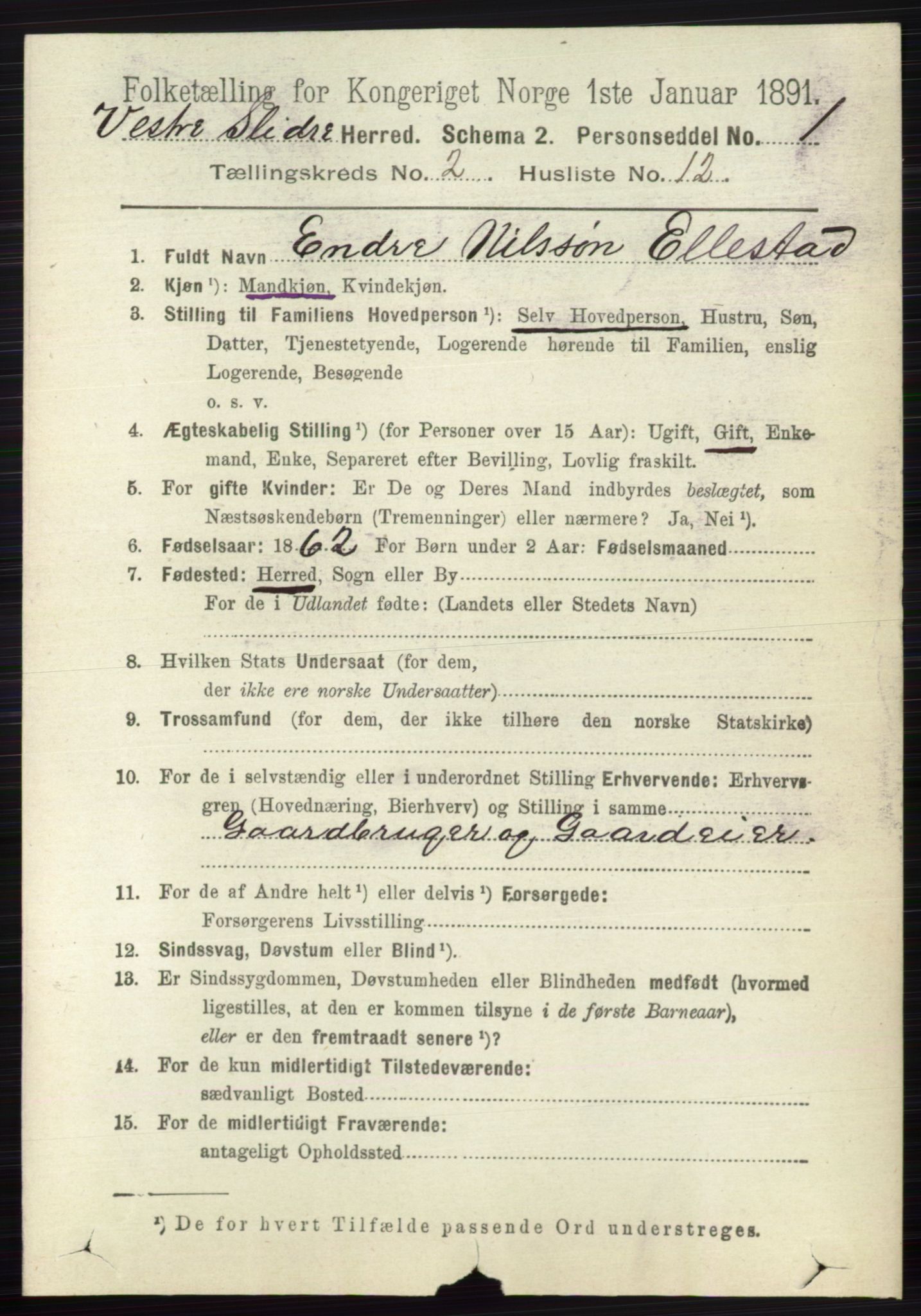 RA, 1891 census for 0543 Vestre Slidre, 1891, p. 596