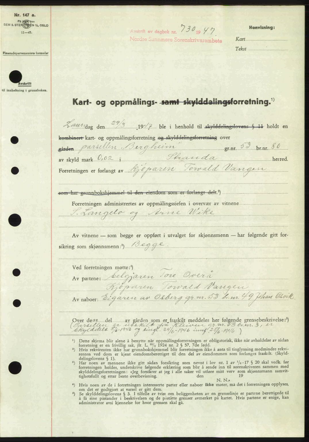 Nordre Sunnmøre sorenskriveri, AV/SAT-A-0006/1/2/2C/2Ca: Mortgage book no. A24, 1947-1947, Diary no: : 730/1947