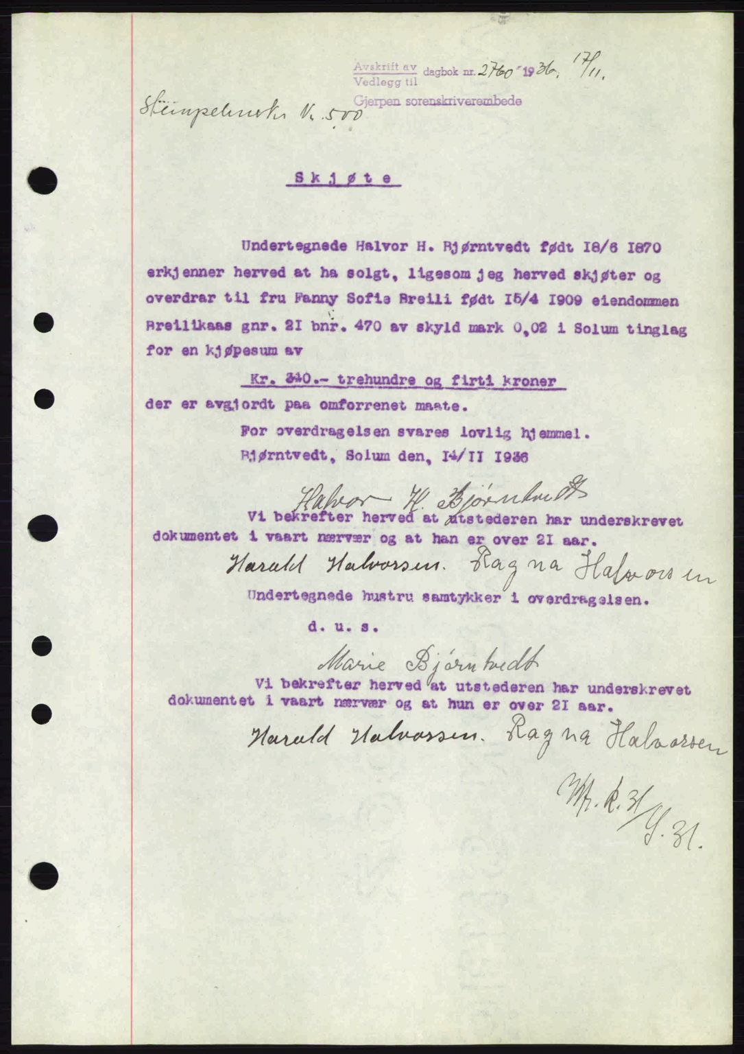 Gjerpen sorenskriveri, AV/SAKO-A-216/G/Ga/Gac/L0067: Mortgage book no. A66-67, 1936-1936, Diary no: : 2760/1936