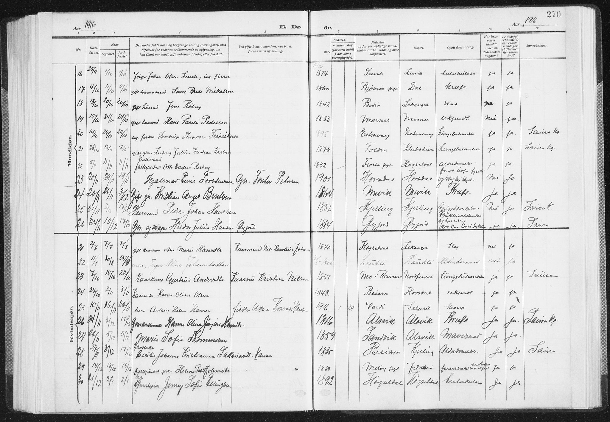 Ministerialprotokoller, klokkerbøker og fødselsregistre - Nordland, SAT/A-1459/805/L0104: Parish register (official) no. 805A09, 1909-1926, p. 270