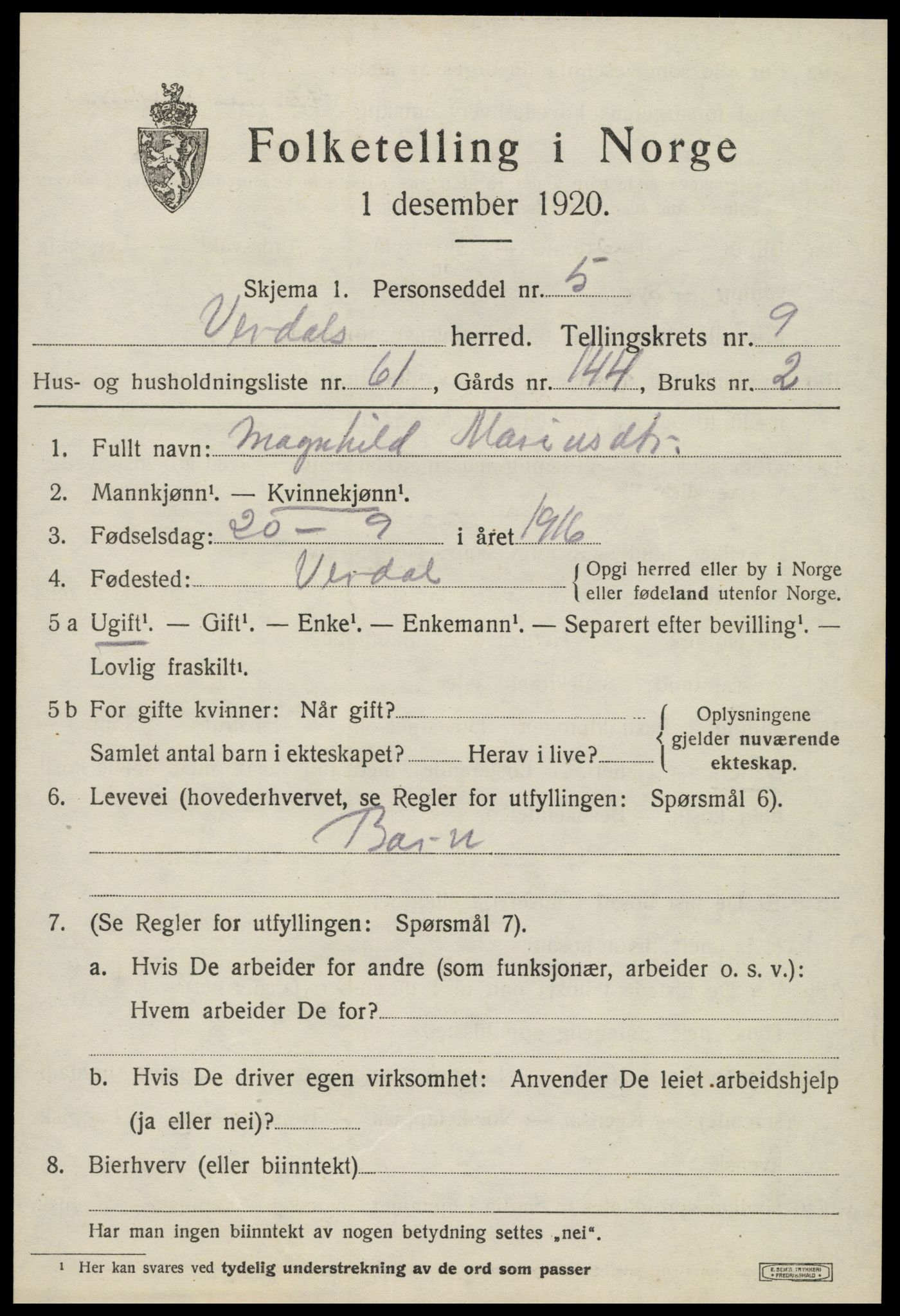 SAT, 1920 census for Verdal, 1920, p. 12141