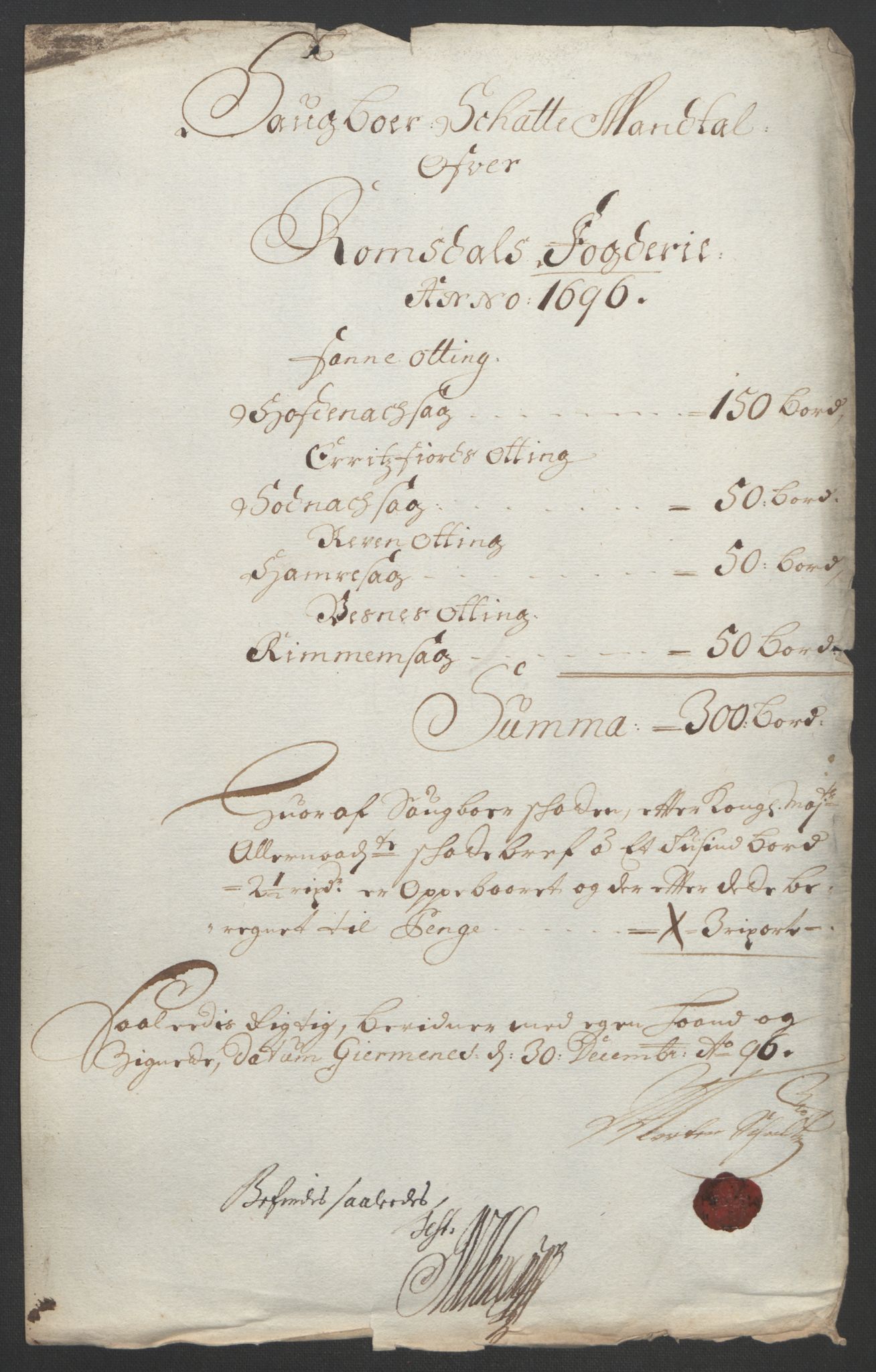 Rentekammeret inntil 1814, Reviderte regnskaper, Fogderegnskap, RA/EA-4092/R55/L3652: Fogderegnskap Romsdal, 1695-1696, p. 225