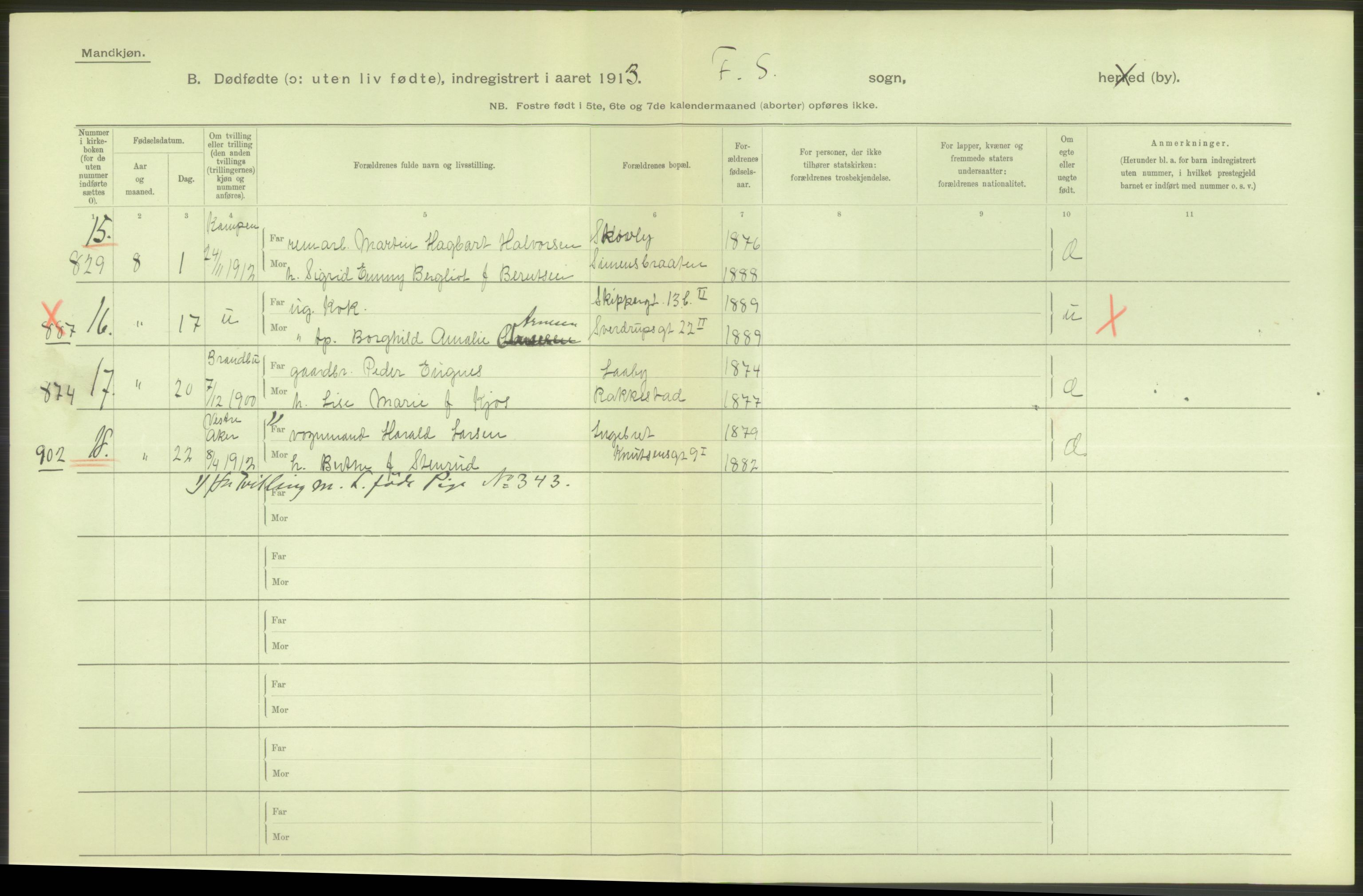 Statistisk sentralbyrå, Sosiodemografiske emner, Befolkning, AV/RA-S-2228/D/Df/Dfb/Dfbc/L0010: Kristiania: Døde, dødfødte., 1913, p. 12