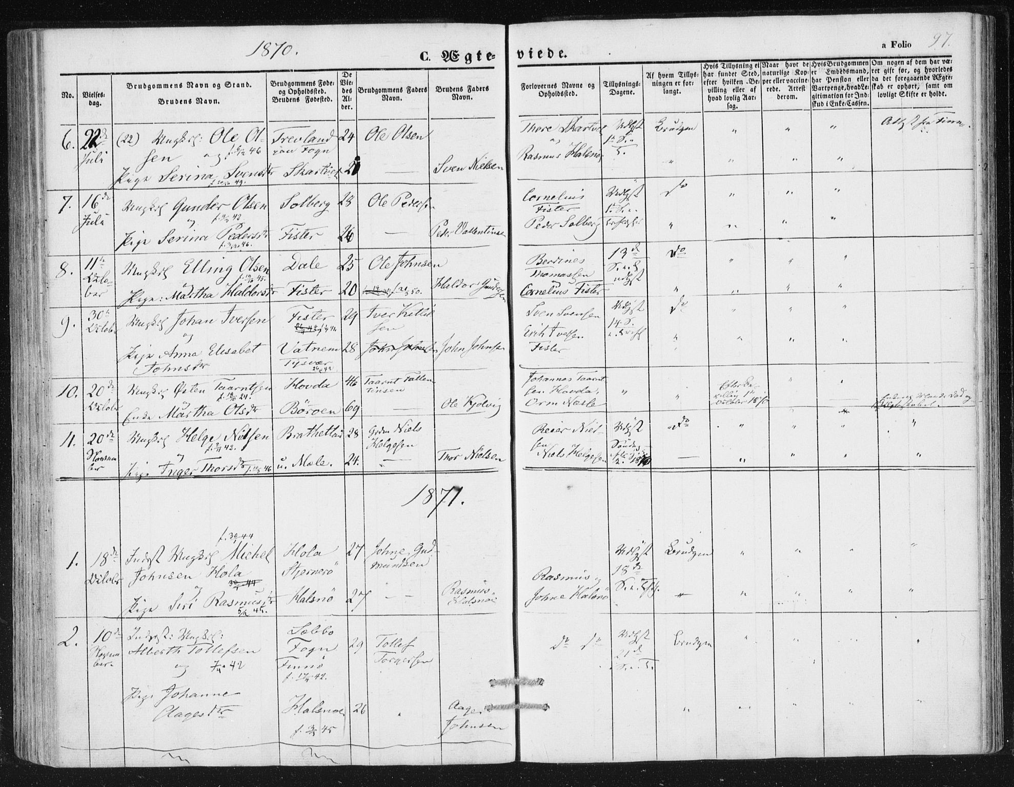 Hjelmeland sokneprestkontor, SAST/A-101843/01/IV/L0010: Parish register (official) no. A 10, 1851-1871, p. 97