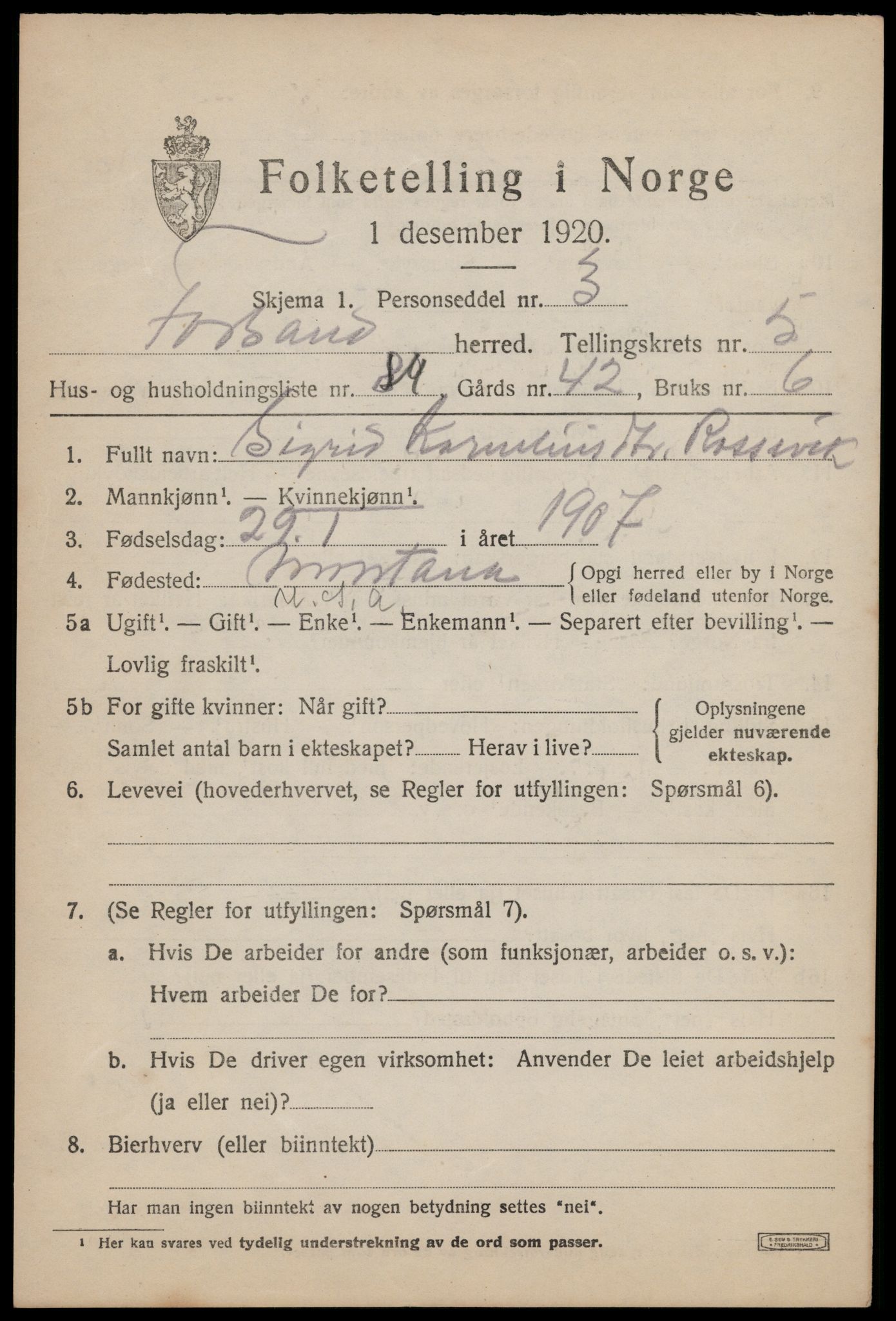 SAST, 1920 census for Forsand, 1920, p. 2757