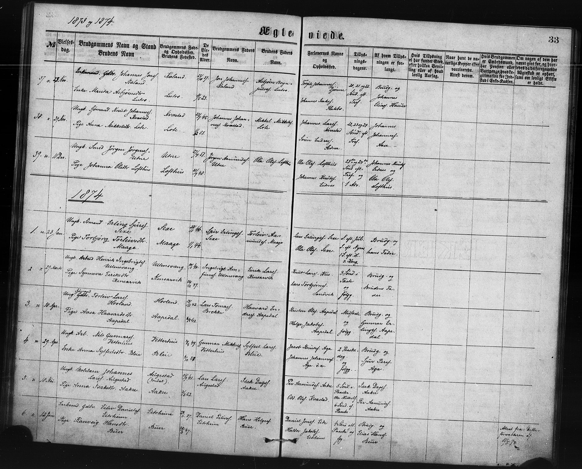 Ullensvang sokneprestembete, SAB/A-78701/H/Haa: Parish register (official) no. A 14, 1867-1882, p. 33