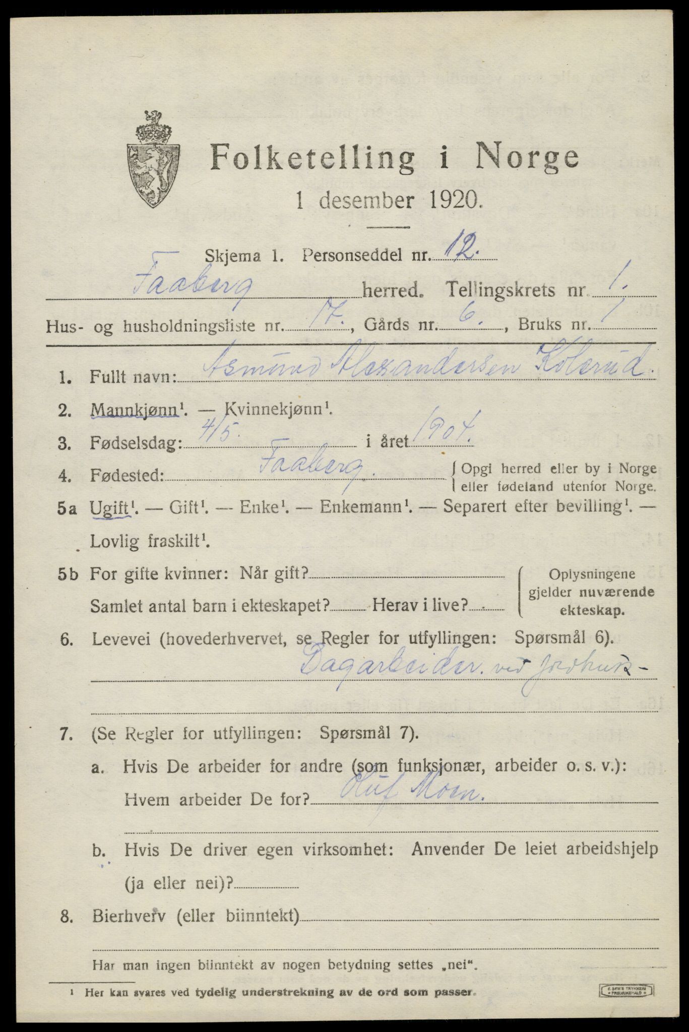 SAH, 1920 census for Fåberg, 1920, p. 2464