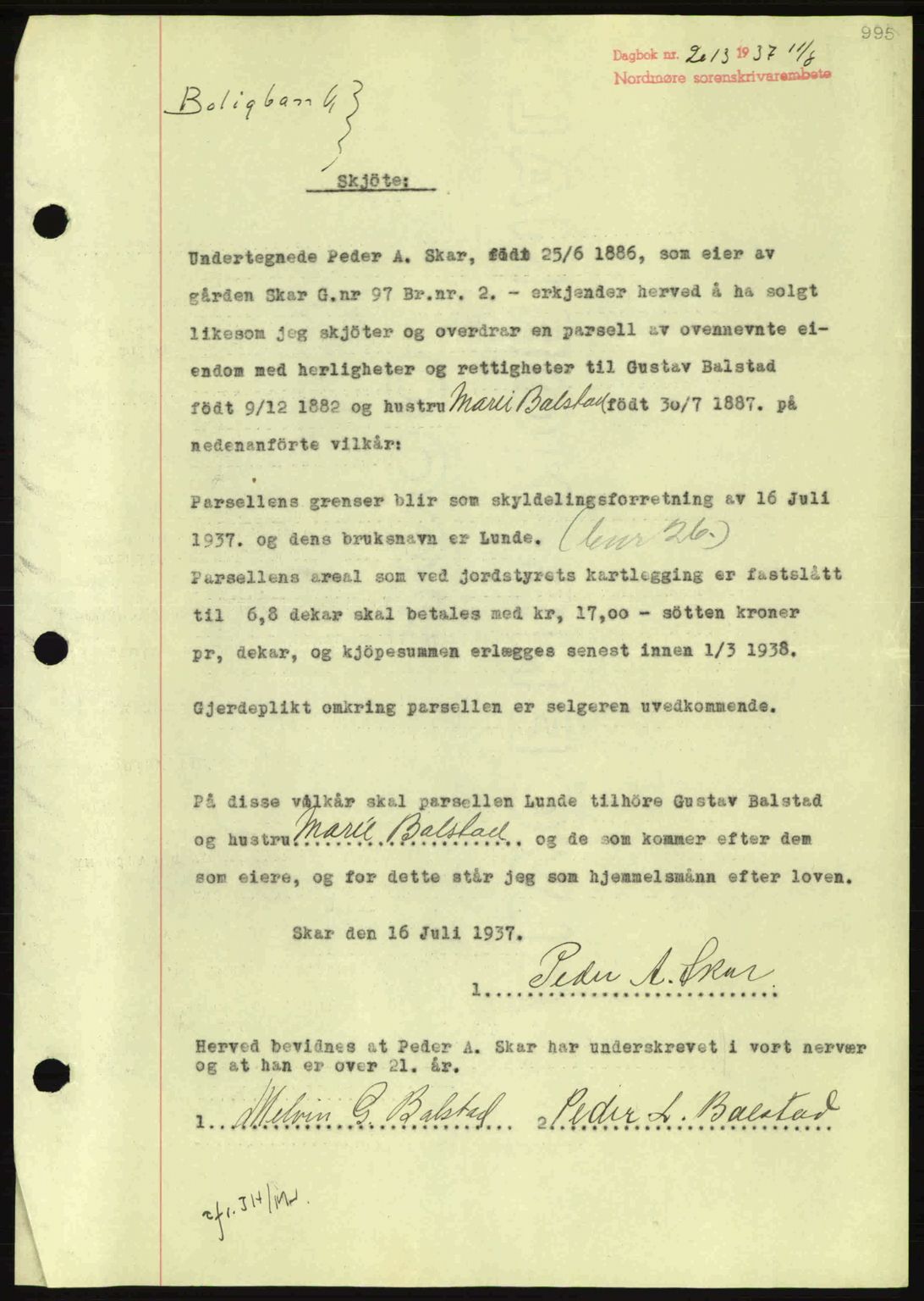 Nordmøre sorenskriveri, AV/SAT-A-4132/1/2/2Ca: Mortgage book no. A81, 1937-1937, Diary no: : 2013/1937