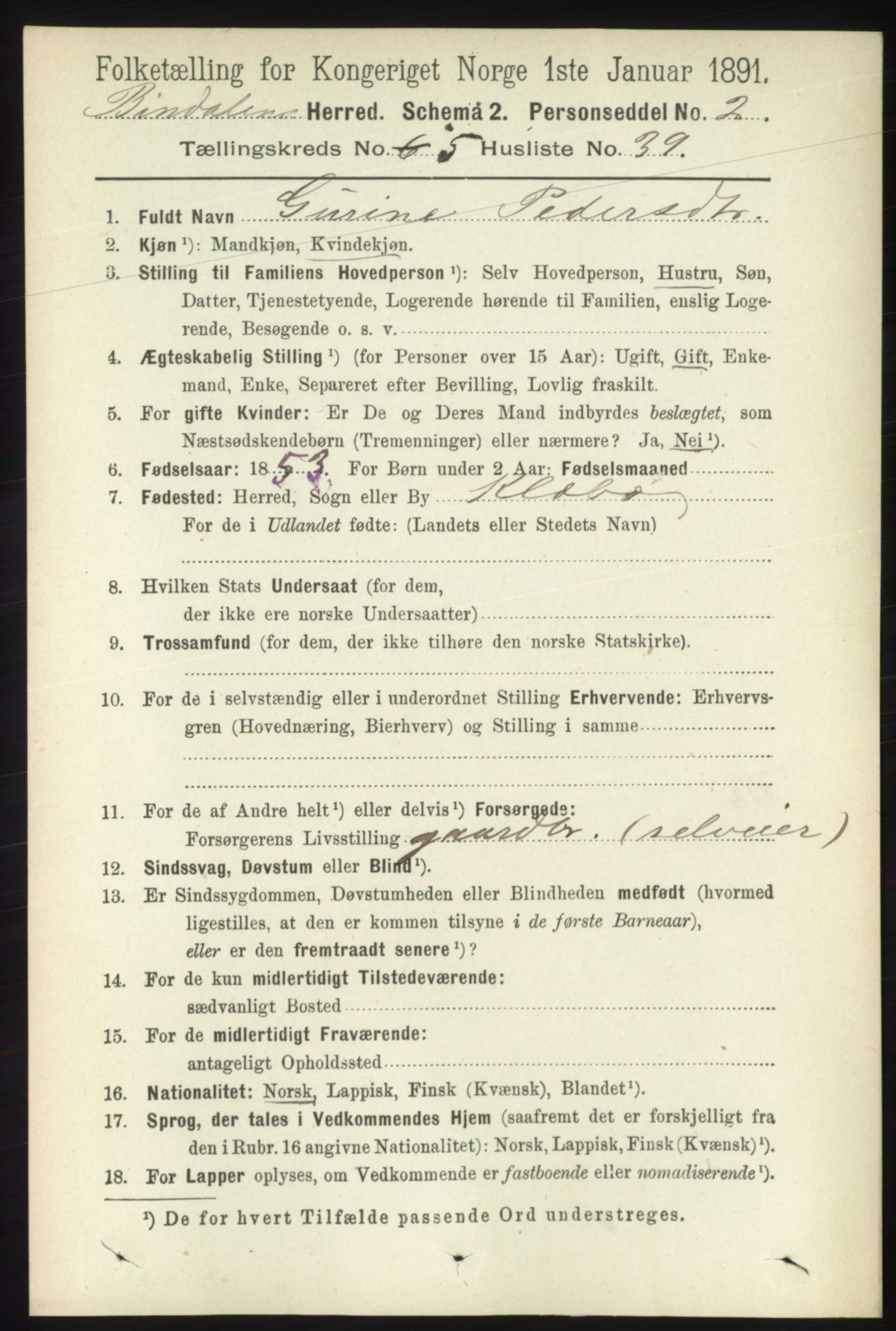 RA, 1891 census for 1811 Bindal, 1891, p. 1425