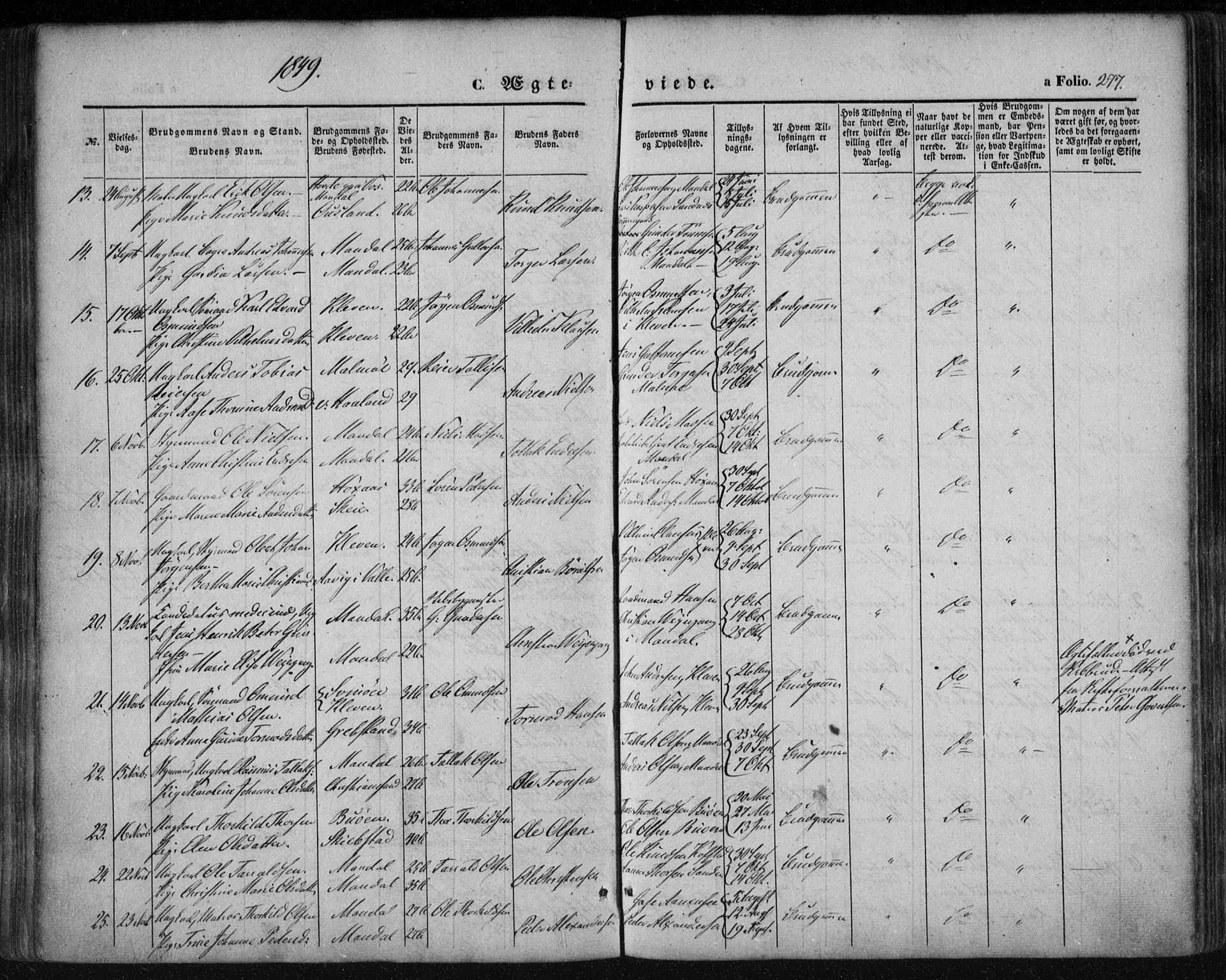Mandal sokneprestkontor, SAK/1111-0030/F/Fa/Faa/L0013: Parish register (official) no. A 13, 1847-1859, p. 277