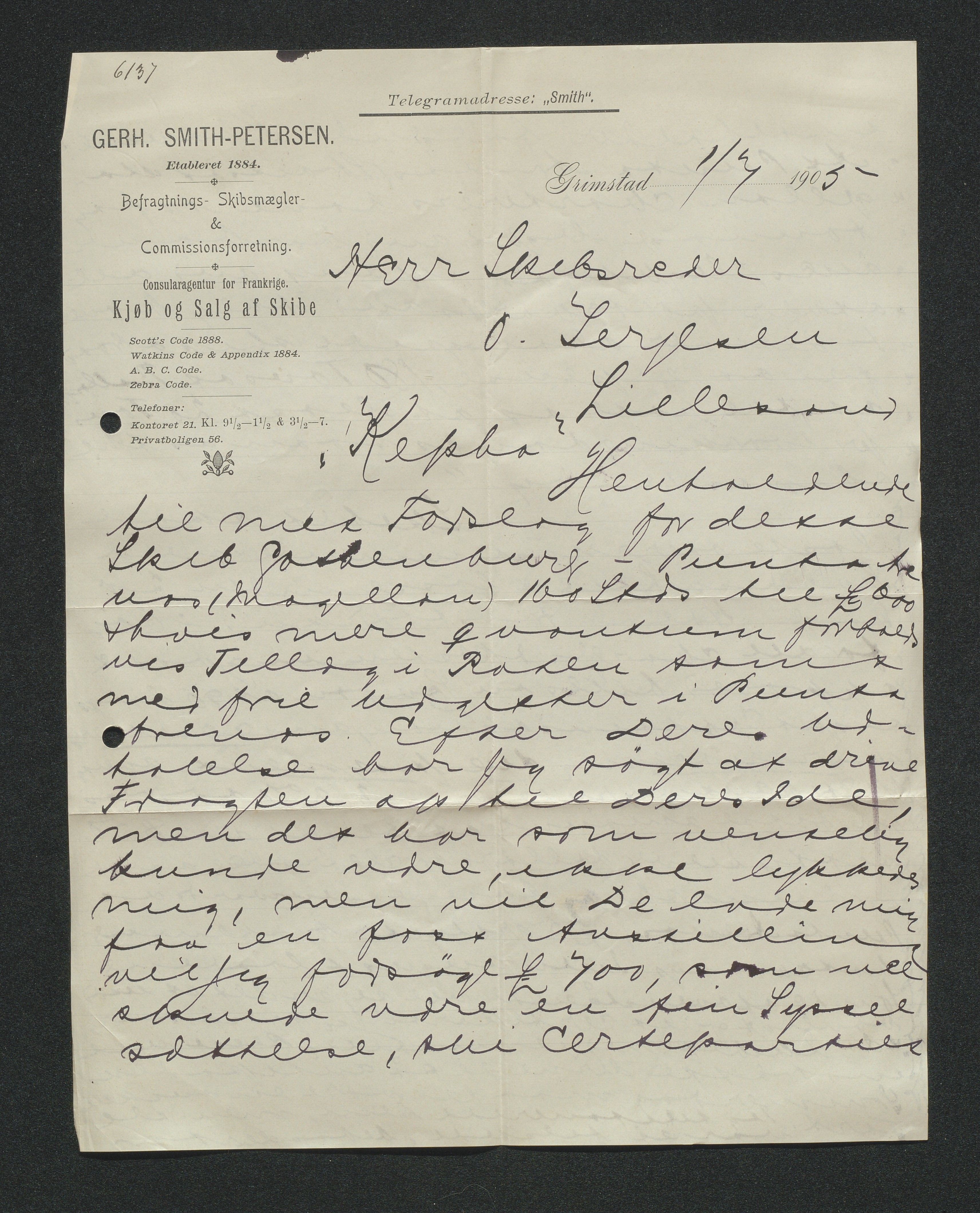 O. Terjesens rederi, AAKS/PA-2525/E/E01/L0013: Korrespondanse, 1904-1905