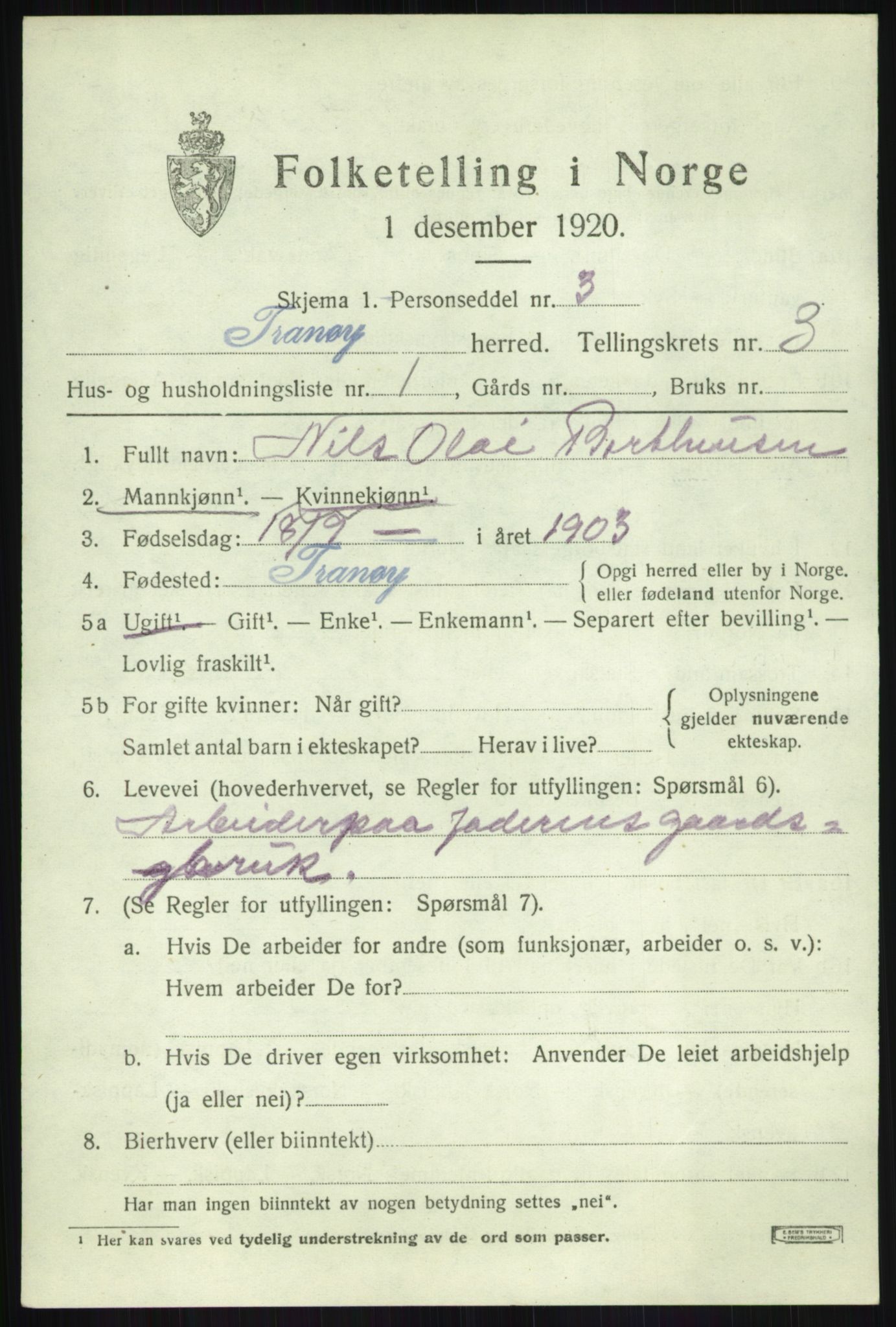 SATØ, 1920 census for Tranøy, 1920, p. 1575