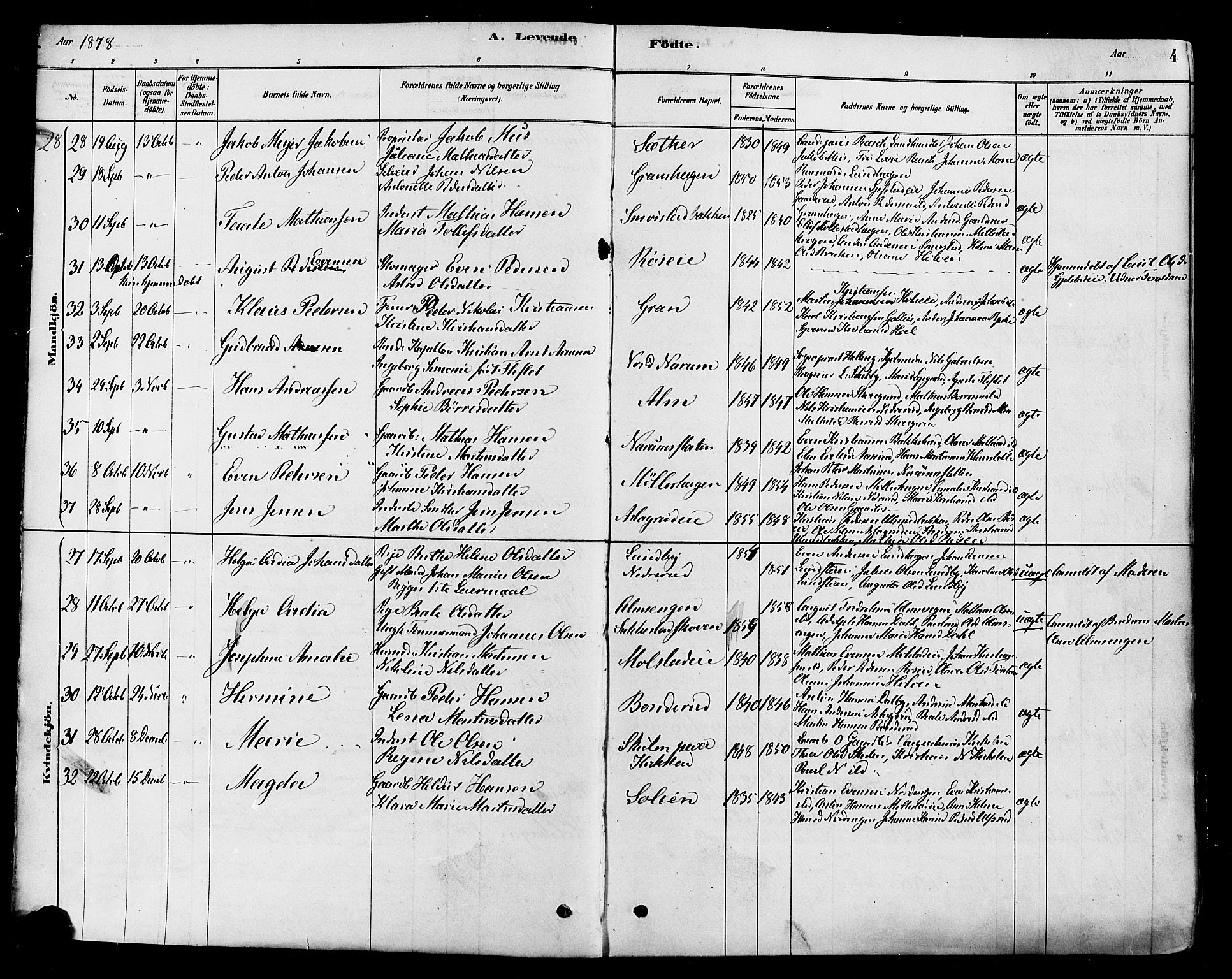Vestre Toten prestekontor, SAH/PREST-108/H/Ha/Haa/L0010: Parish register (official) no. 10, 1878-1894, p. 4